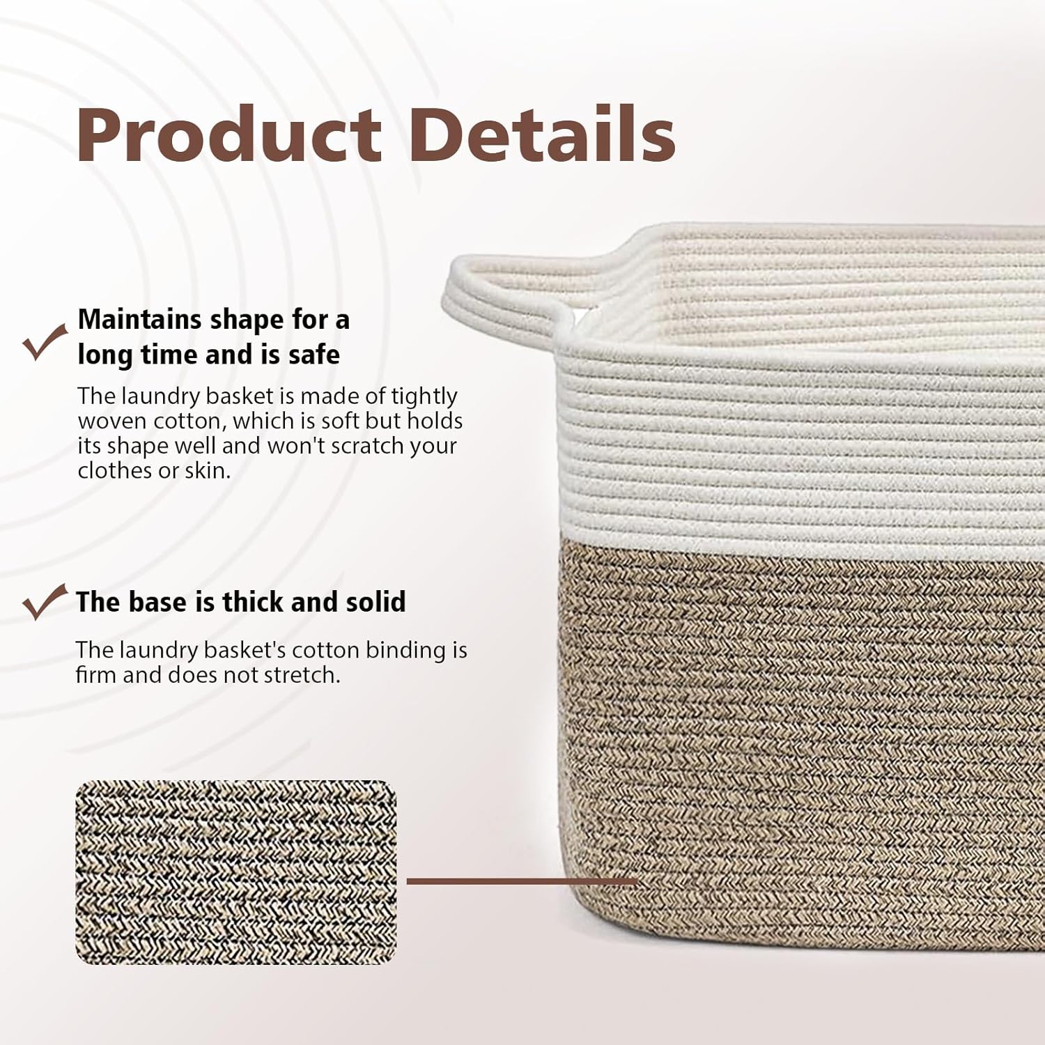 Detalle de Large Foldable Woven Cotton Laundry Basket with Handle (Brown & White), 55 x 38 x 30cm