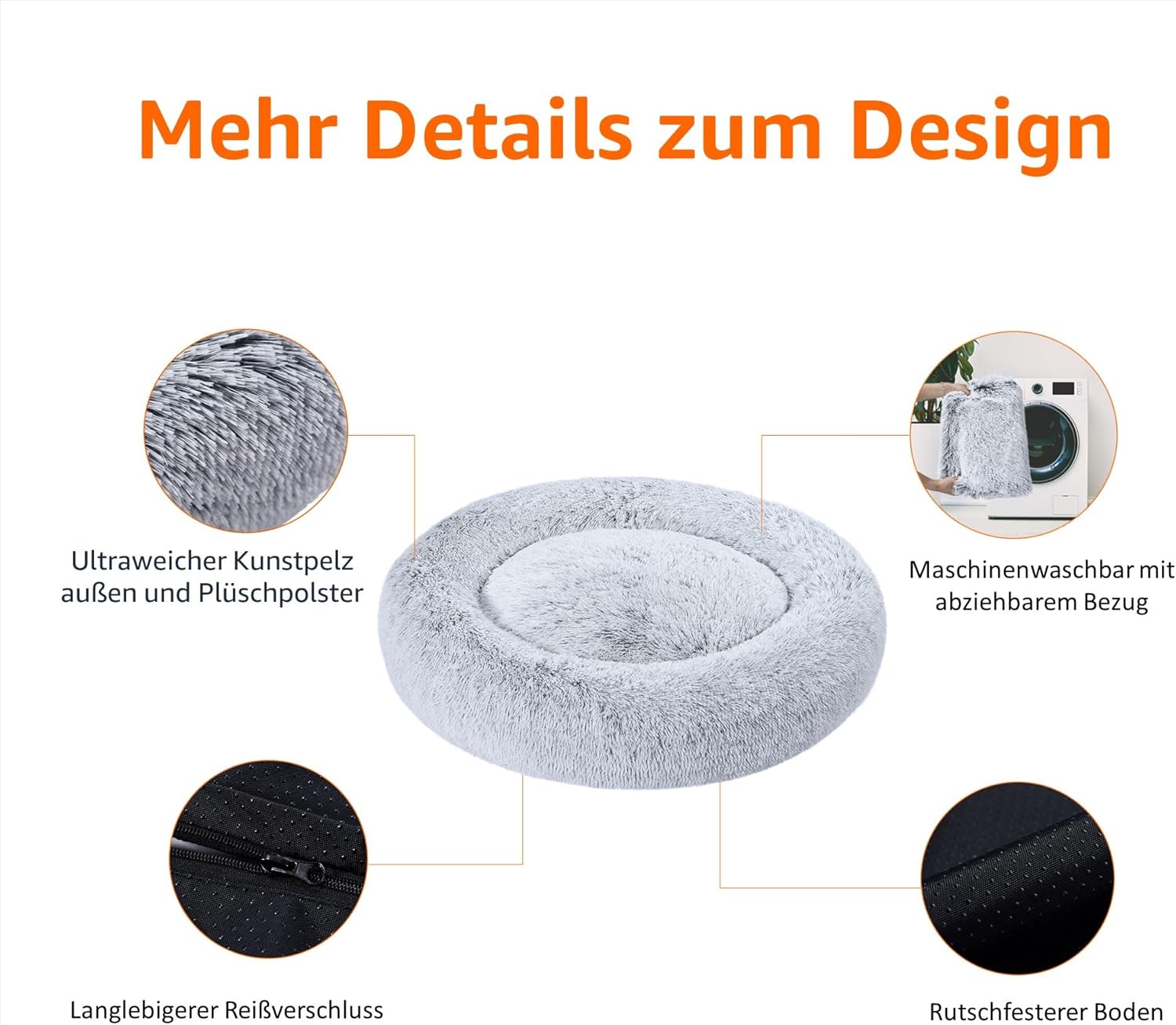 Thumbnail 1 de Amazon Basics Donut-Haustierbett für Hunde (Kunstfell), maschinenwaschbar, 91 cm, grau