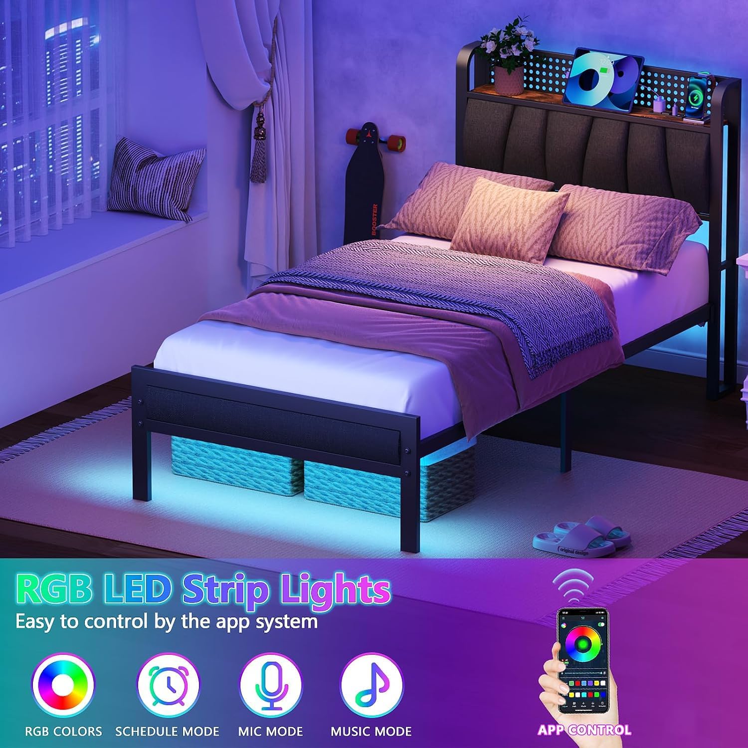 Detalle 2 de Furnulem Twin Bed Frame with RGB LED Lighting, Charging Station and Upholstered Headboard