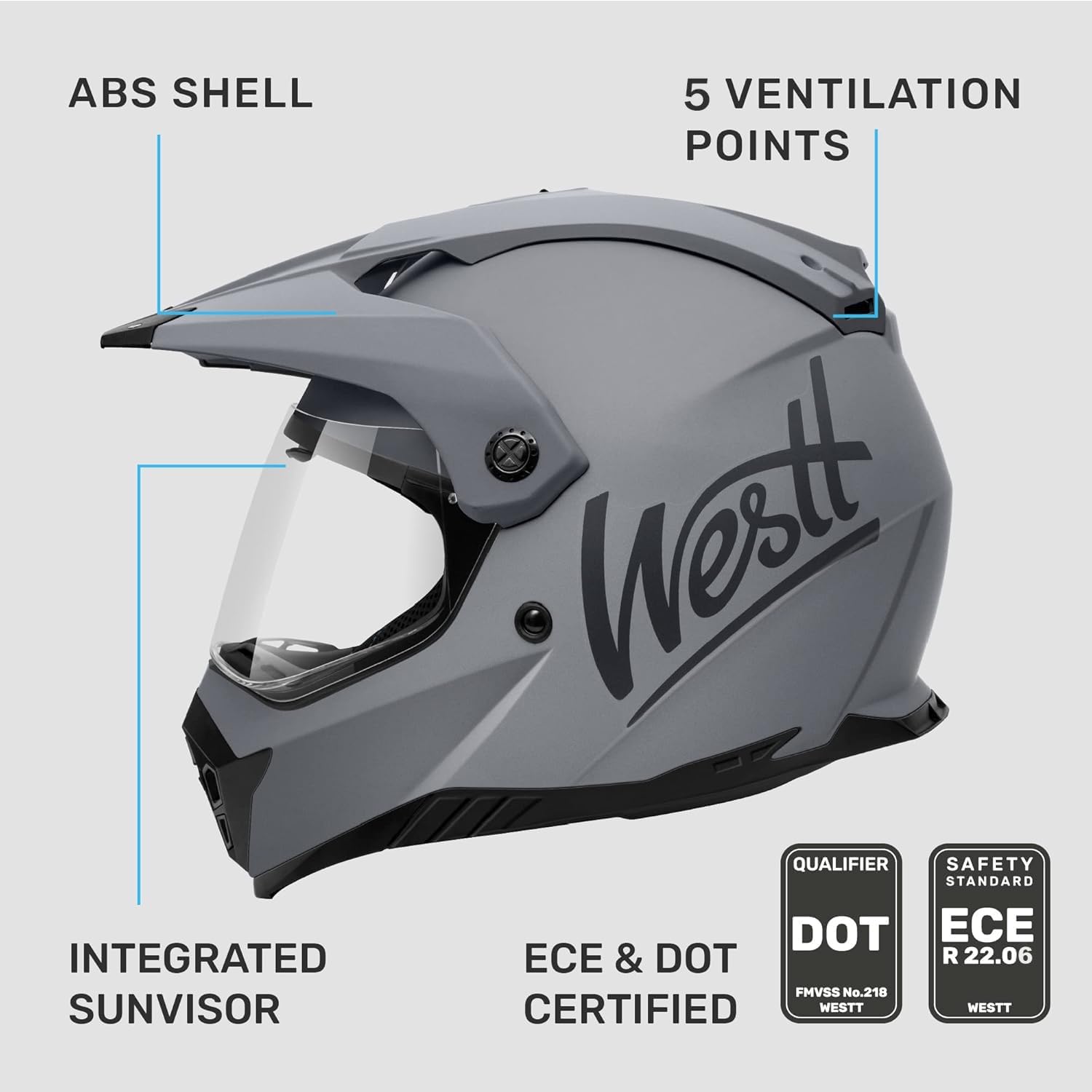 Detalle de Westt Casque Moto Homologué ECE 22.06: Casque cross polyvalent pour homme et femme