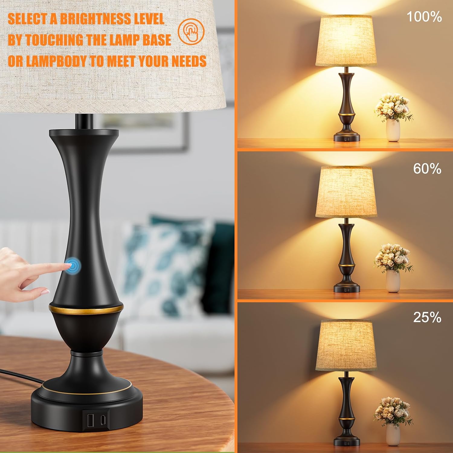 Detalle 2 de Seealle Upgraded Touch Lamps for Night Stands (Set of 2) with USB-C + USB-A, 3-Way Dimmable