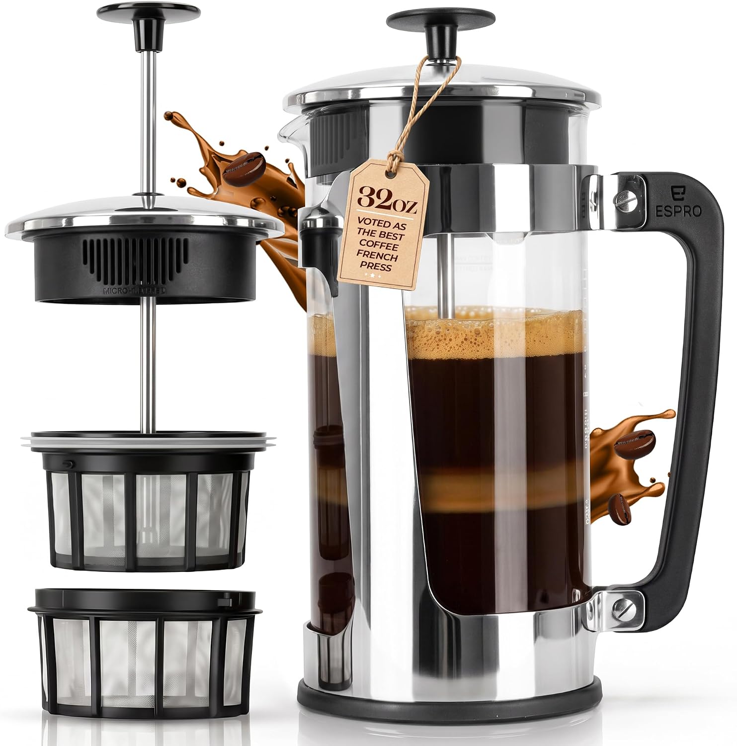 Detalle de ESPRO P5 1232C Glass Cafetière, 950ml, Double Microfilter