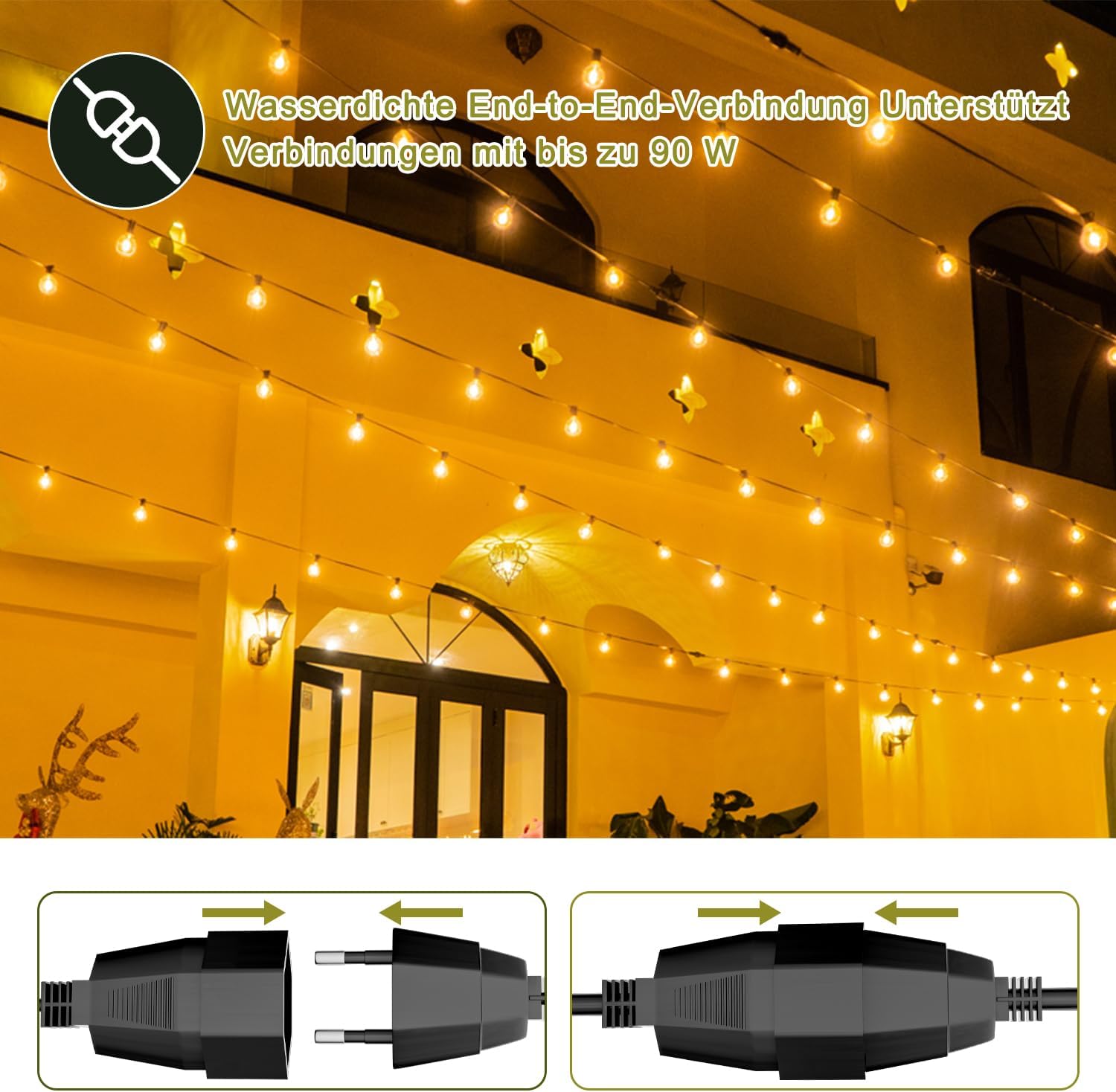 Detalle de Kawaya 15 m LED-Lichterkette außen (IP65) mit 25+2 bruchsicheren G40-Glühbirnen, warmweiß, dimmbar