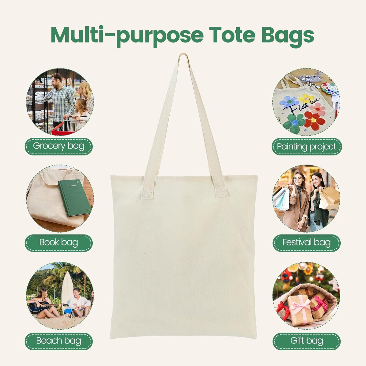 Thumbnail 6 de Carbrea 12 Pack Canvas Tote Bag (Lightweight Thin) – Beige blank reusable bags for DIY, sublimation, and gifting