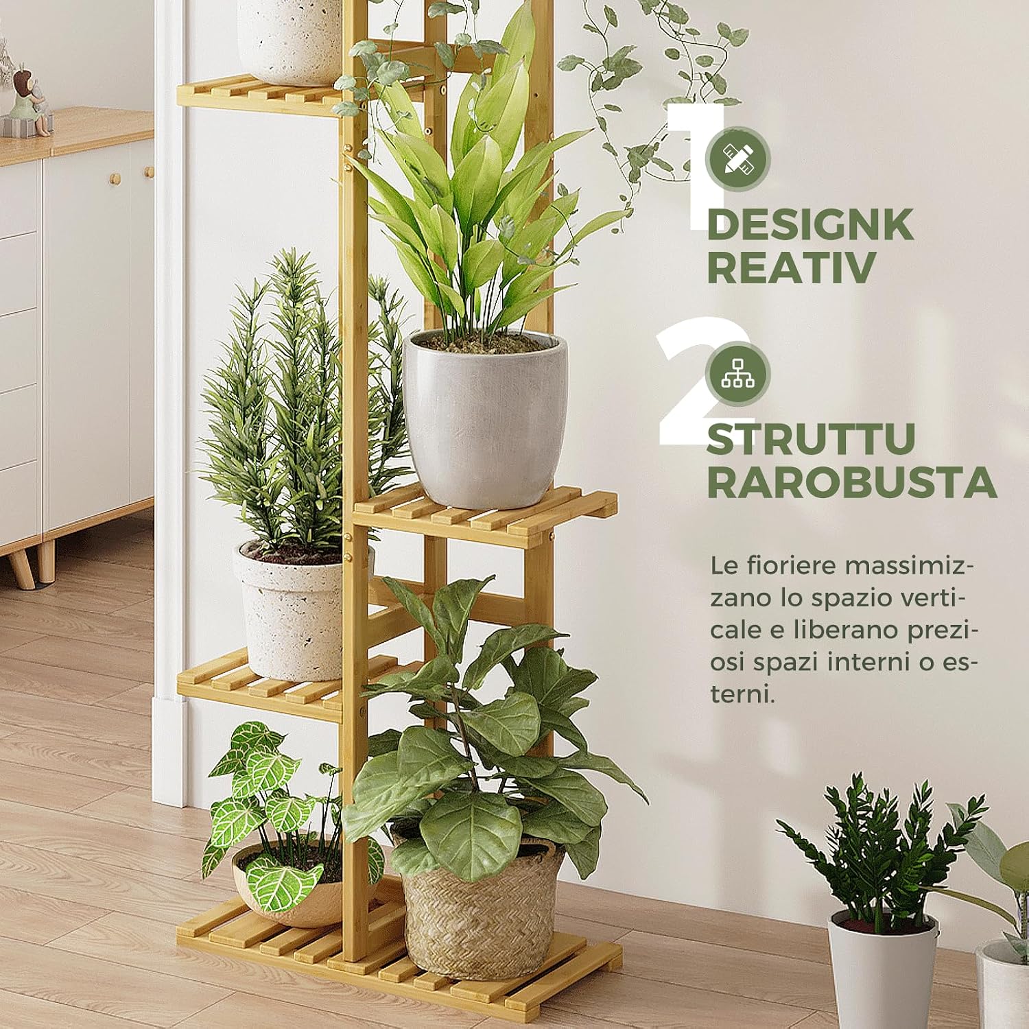 Thumbnail 6 de Bamworld Porta Piante da Interno in Bambu Naturale: Scaffale a 5 Livelli per Vasi e Fioriere