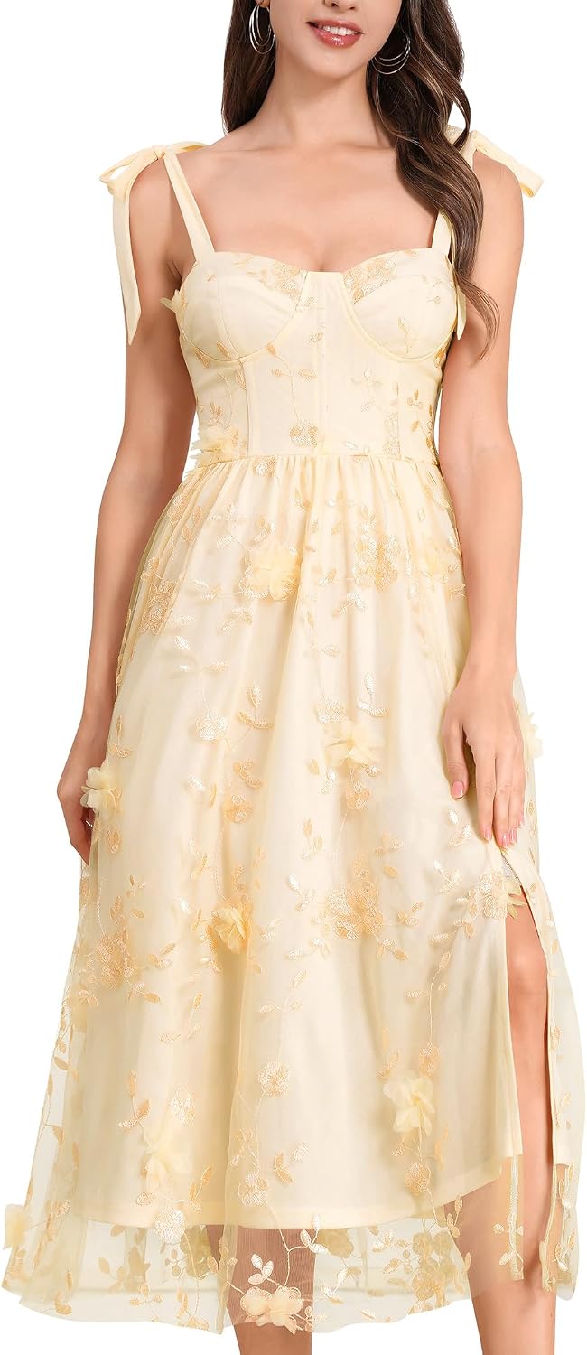 Detalle 2 de OMEWEE Corset Midi Dress with Floral Bustier Detail – Spaghetti Strap Floral Wedding Guest Dress