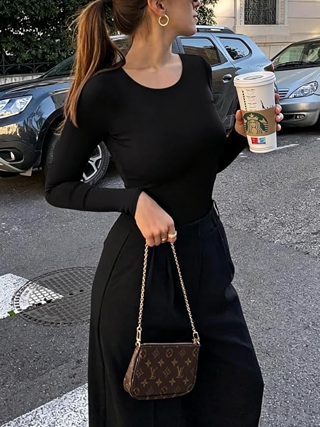 Detalle 2 de Shen&Qege BS0131 Women's Long-Sleeve Bodysuit, Crew Neck and Stretchy Slim Fit