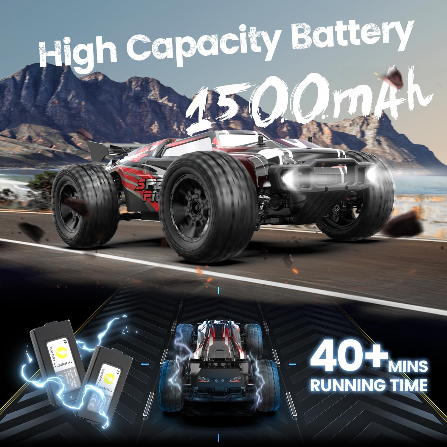 Detalle de DEERC 9206E 1:10 RC Truck, 4WD, 48+ km/h, DIY Shell and LED Headlights
