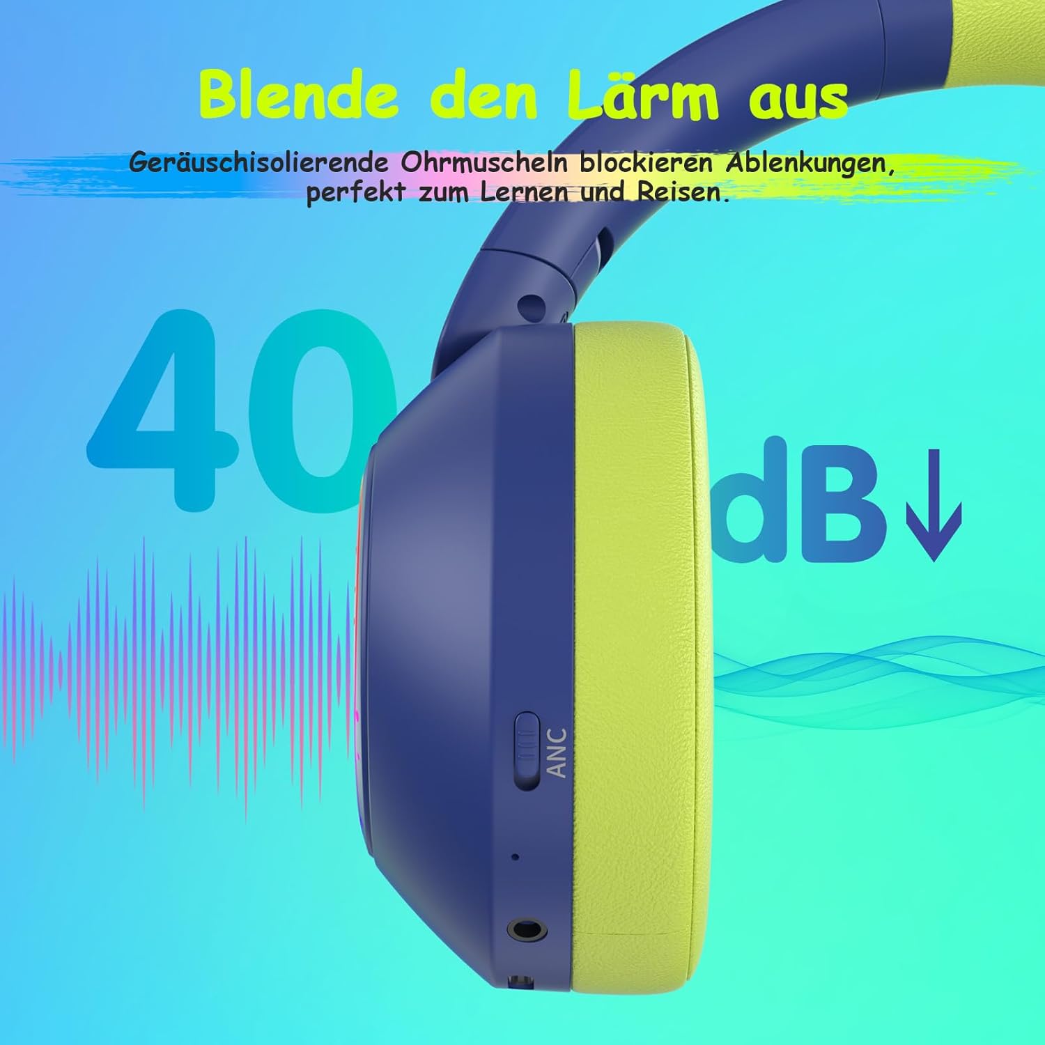 Detalle de TONOSHARK Noise Cancelling Kopfhörer für Kinder – Bluetooth, RGB LED, 60h Akku, Blau