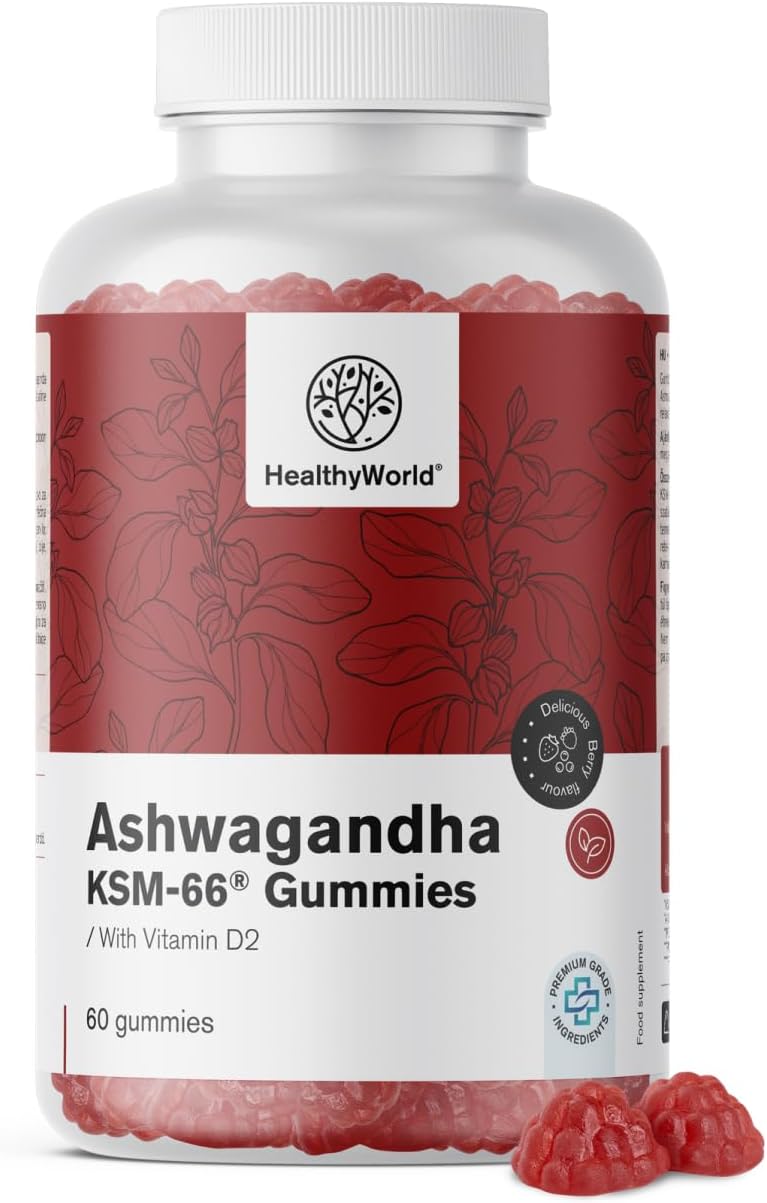 Detalle de HealthyWorld Ashwaganda KSM-66® 300 mg gummies met vitamine D2 en bosvruchtensmaak