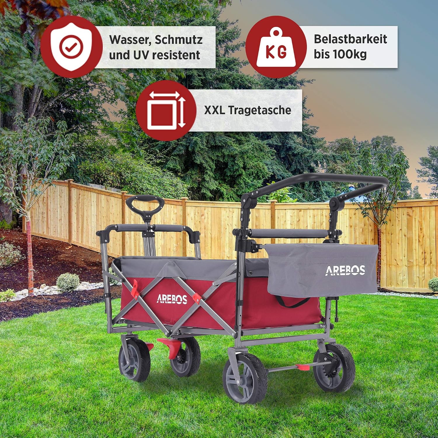 Detalle 2 de Arebos Bollerwagen Premium faltbar mit Dach – Handwagen, klappbar bis 100 kg Tragkraft, 360° Rolllädenräder, mit Tragetasche, Rot