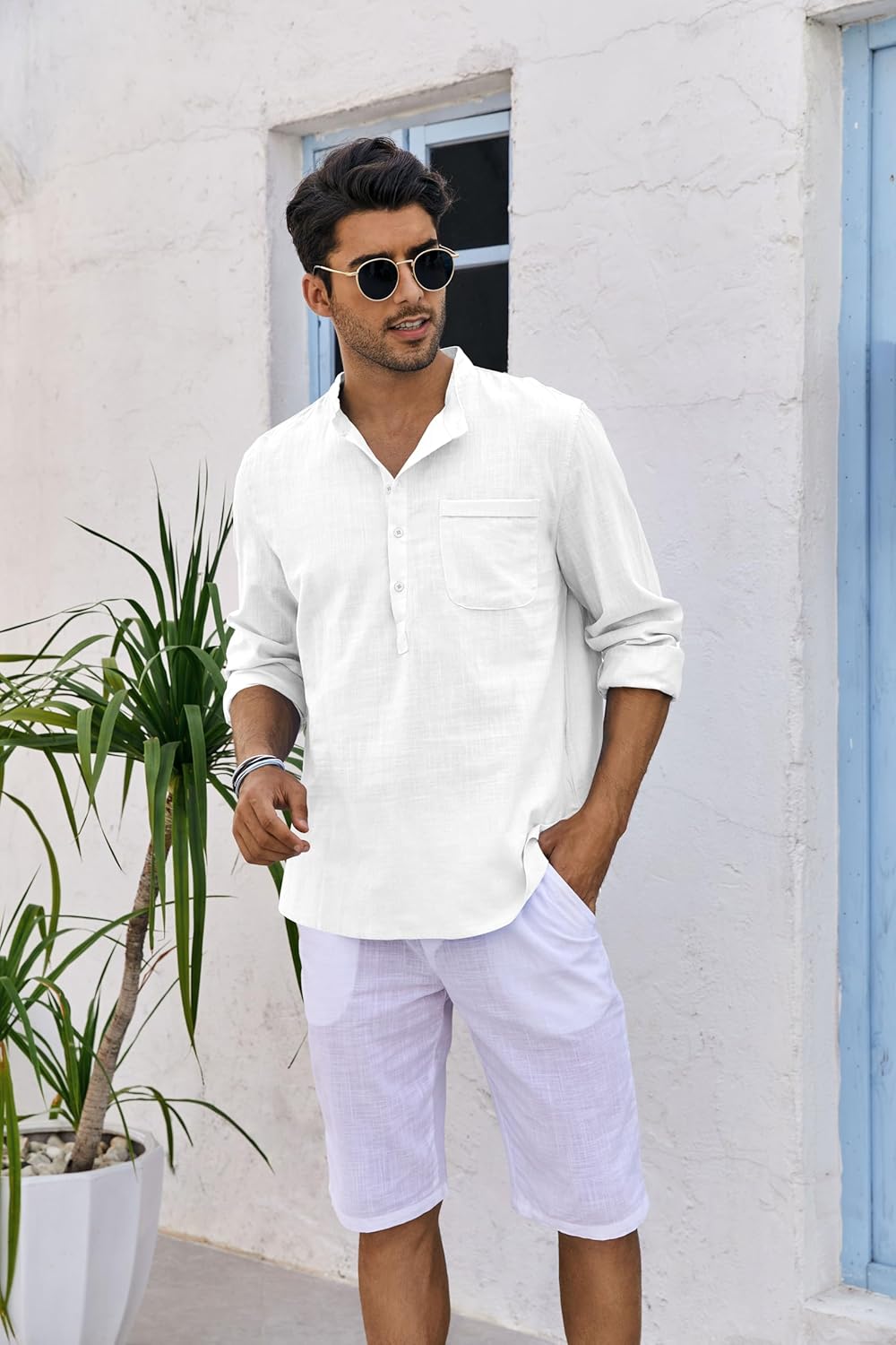 Thumbnail 2 de Runcati Herren Leinenhemd Langarm aus Baumwolle – klassischer Henley Kragen, Regular Fit