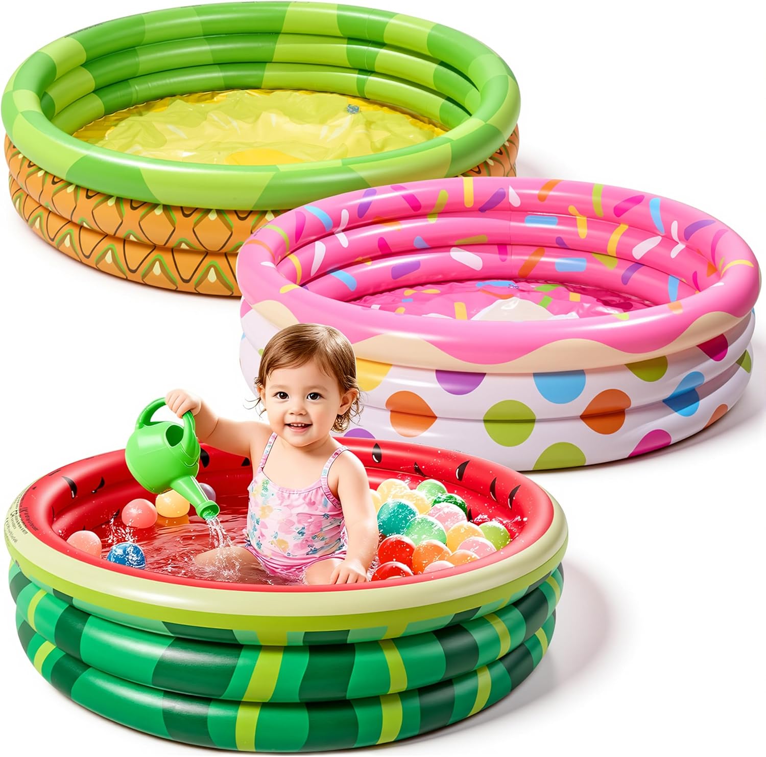 Detalle de 3 Pack 45" x 10" Inflatable Kiddie Pools (Watermelon, Pineapple, Cupcake) – Versatile Outdoor/Indoor Fun