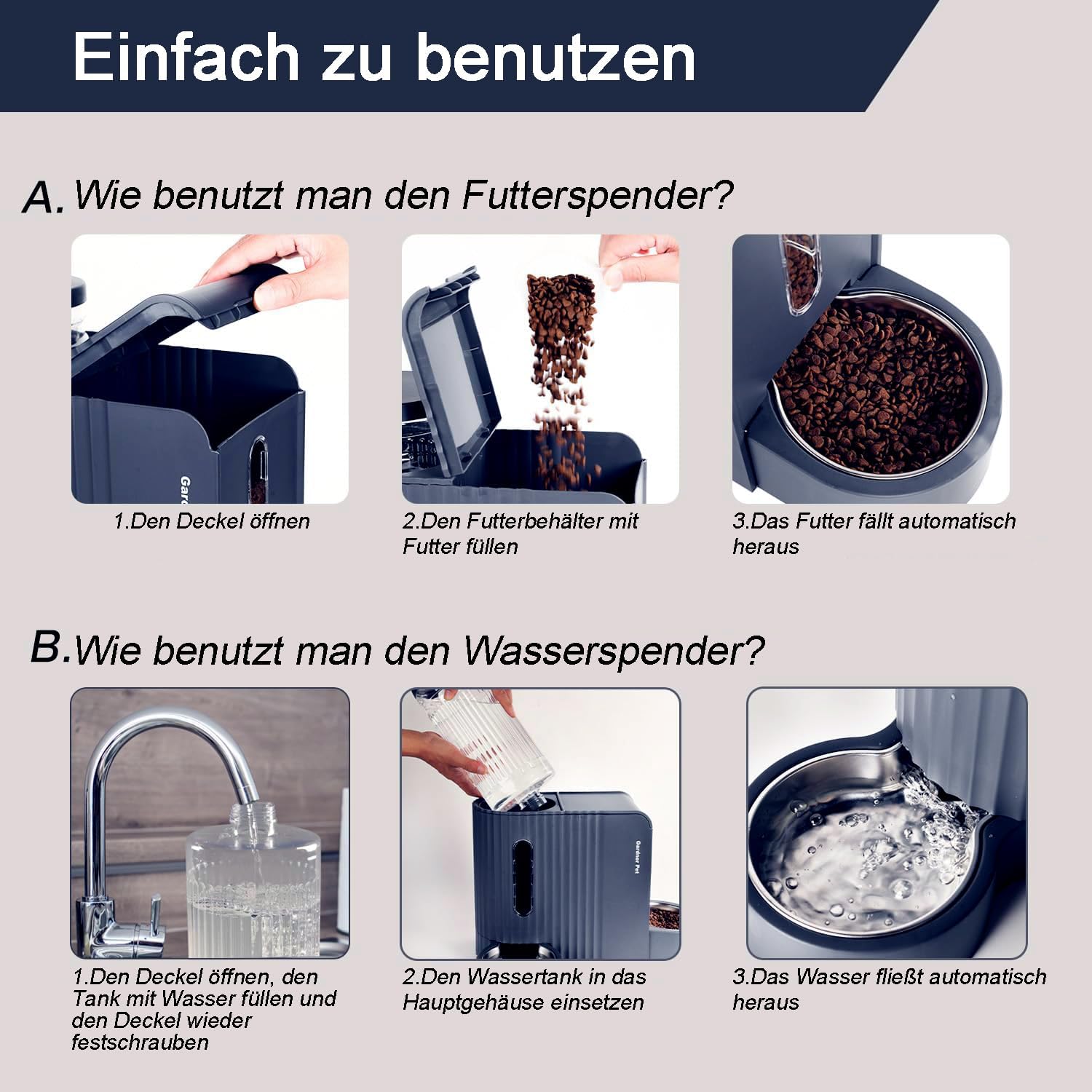 Detalle de Gardner Pet Automatischer Futterspender Katzen/Hunde, 2 Edelstahlnäpfe 6L*2 – Nicht elektrisch, BPA-frei, blau