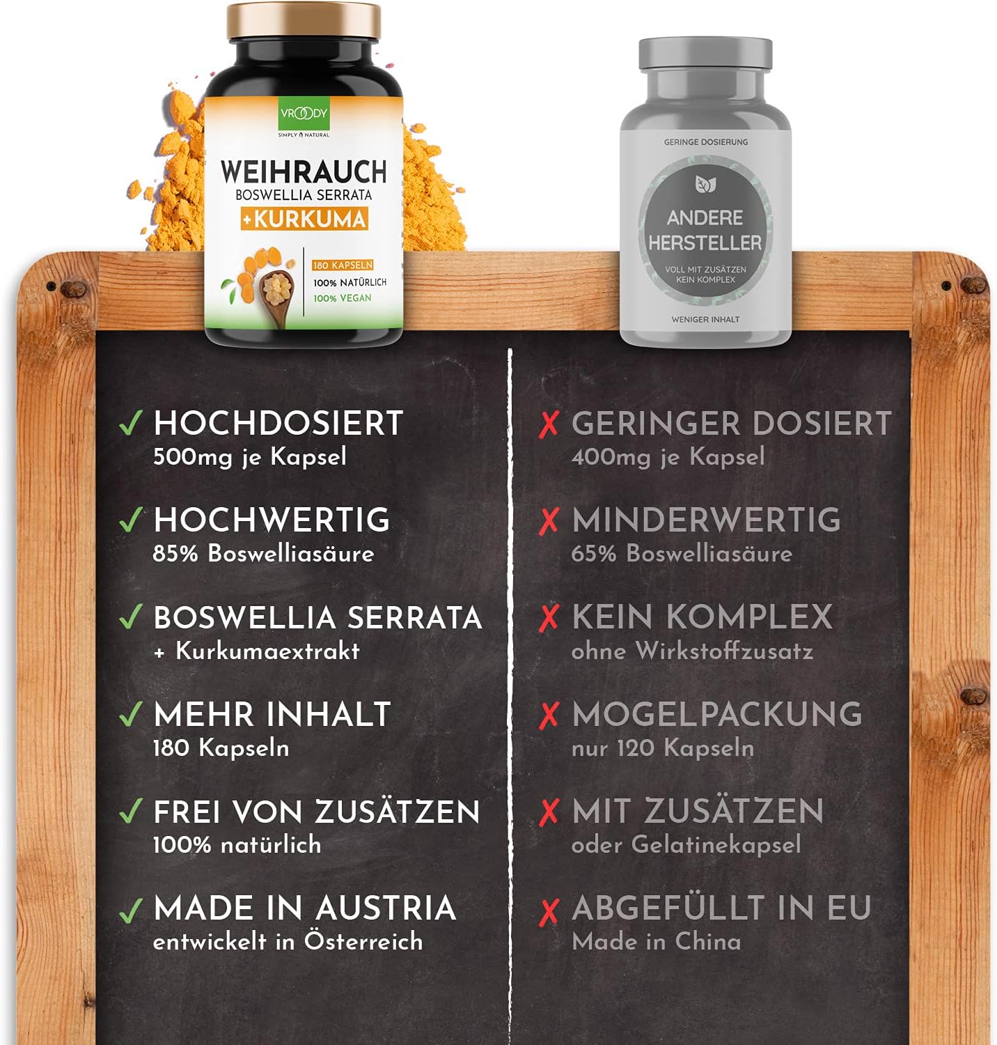 Detalle de 2x VROODY Weihrauchkapseln hochdosiert Boswellia Serrata 2000mg + Curcuma 125mg – vegan, ohne Zusätze, 2x180 Kapseln