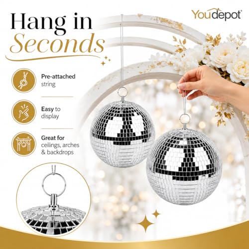 Thumbnail 6 de Youdepot 20 cm Disco Ball 2 Pack – Silver Hanging Mirror Balls for Weddings, Parties and Home Décor