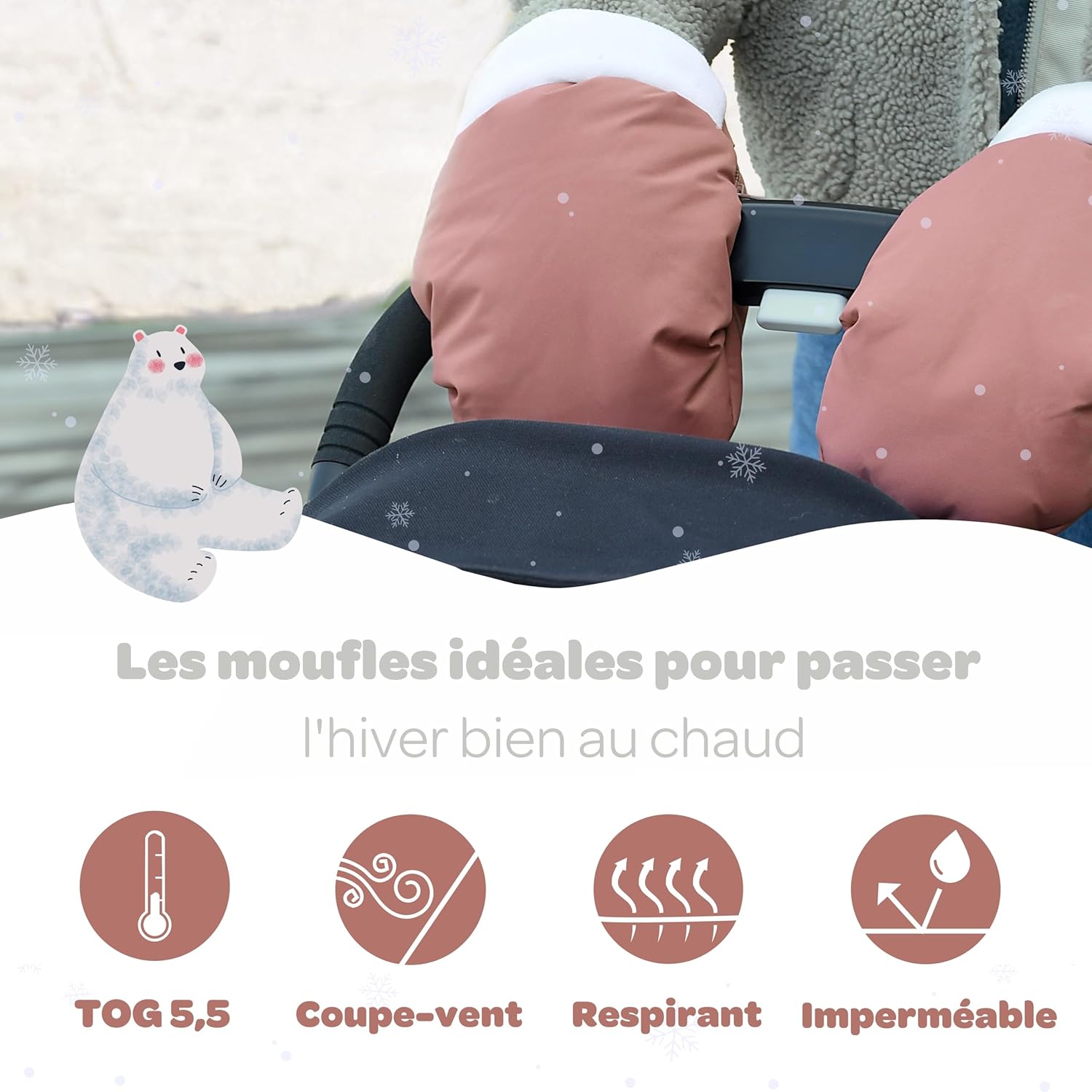 Thumbnail 3 de Moufles Poussette Béaba – Protection pluie/neige doublées polaire, zip d’attache, terracotta