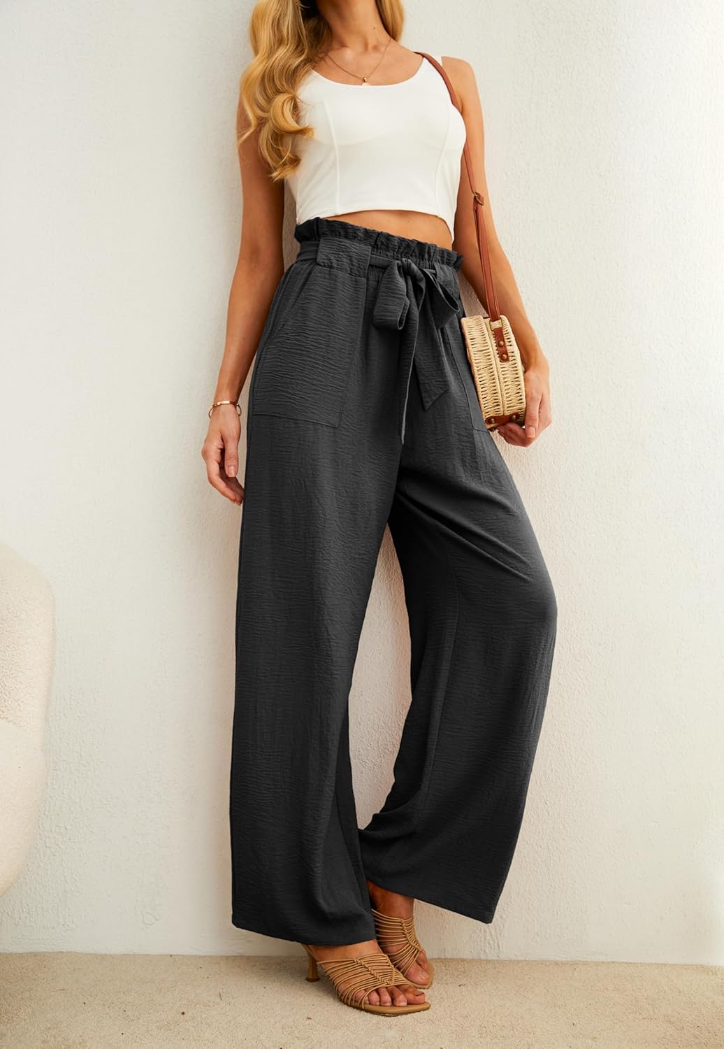 Thumbnail 2 de IWOLLENCE Women's Wide Leg Pants with Pockets - High Waist Adjustable Knot Trousers