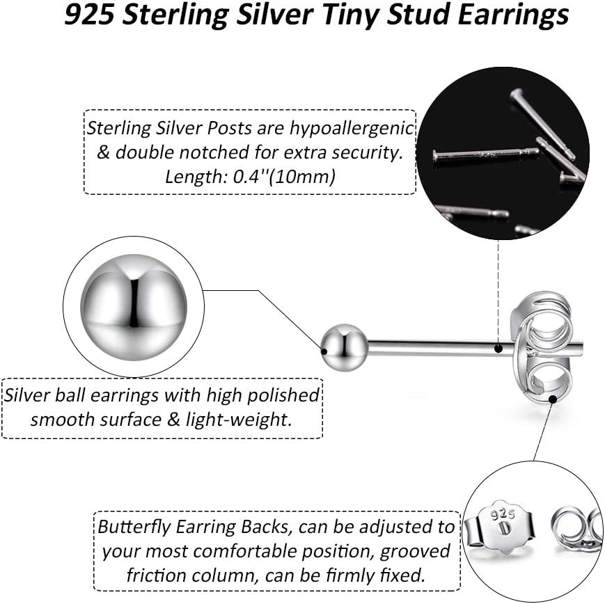 Thumbnail 1 de CERSLIMO 3 Pairs Sterling Silver Stud Earrings – 2mm, 3mm & 4mm Tiny Round Cubic Zirconia