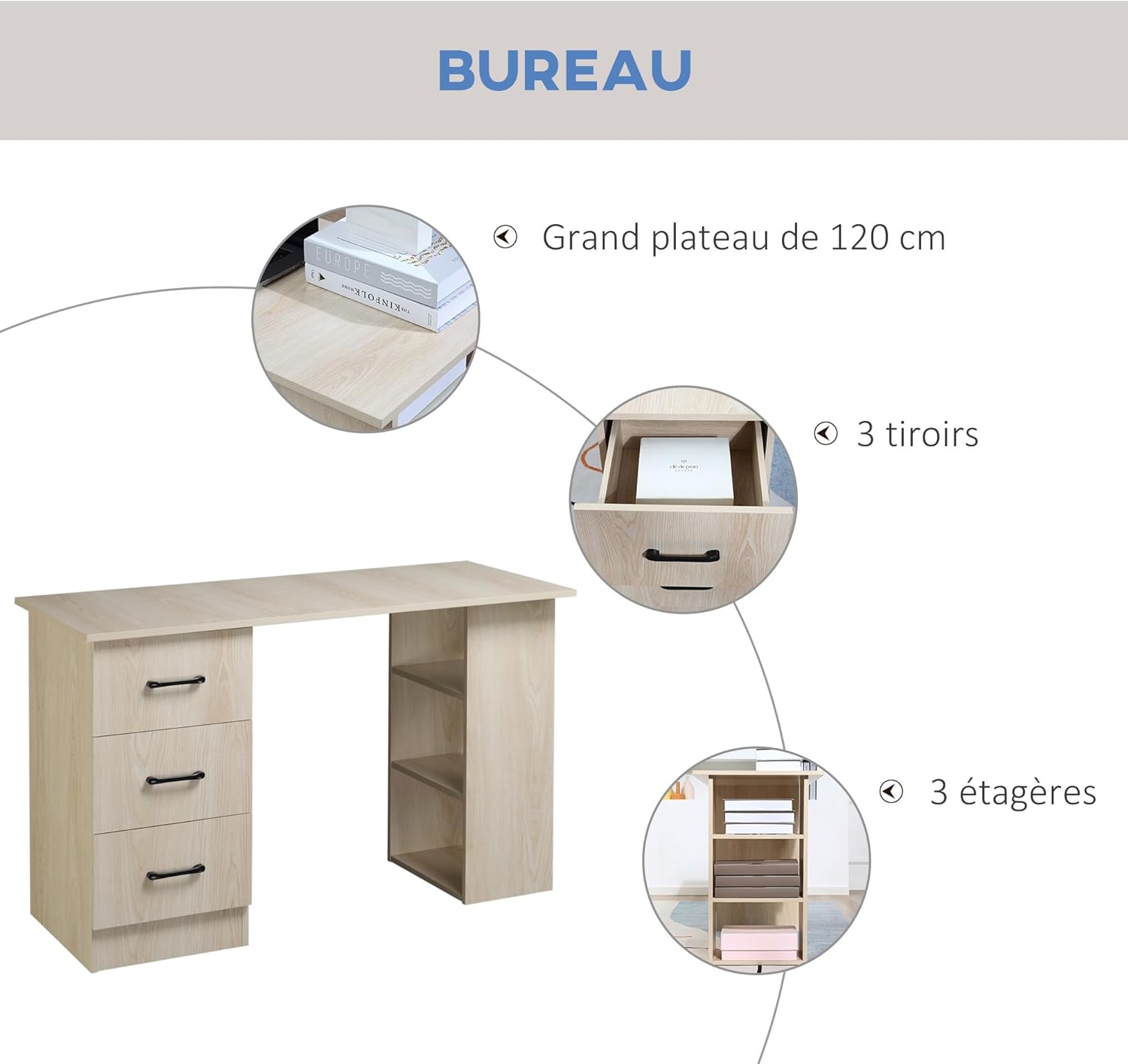 Thumbnail 3 de HOMCOM Bureau d'ordinateur 120x49x72 cm avec 3 tiroirs et 3 étagères – rangement réversible en MDF bois naturel