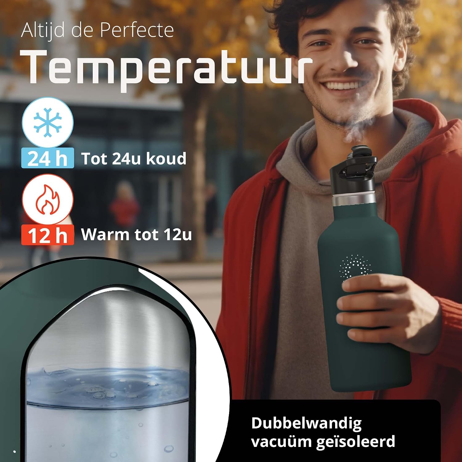 Detalle de BeMaxx 1BE13-SMB-GRN32 ACTIVE FLASK thermosfles, 950 ml, 3 drinkdoppen