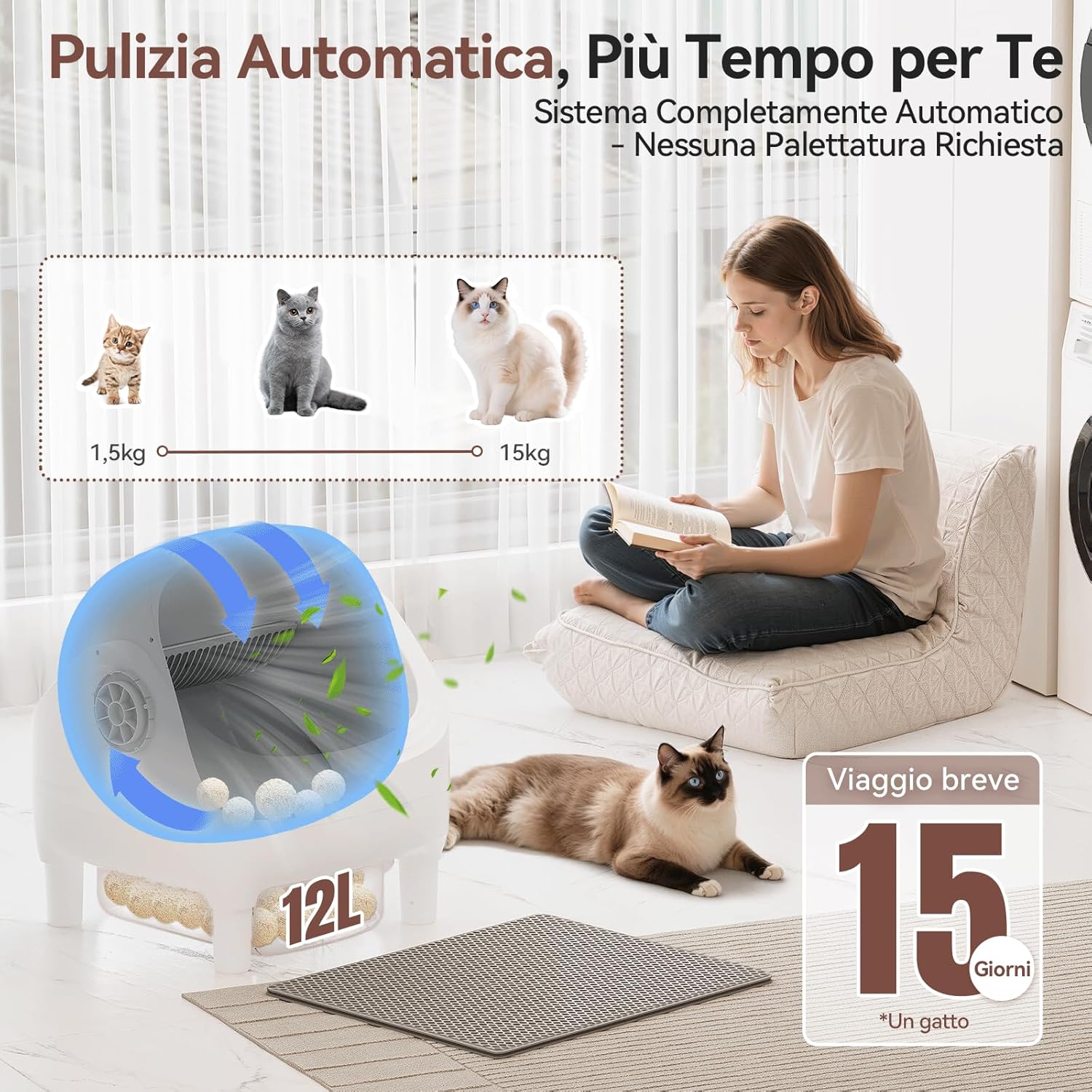 Detalle de Lettiera Gatto Autopulente JUMMICO 12L – XXL, controllo via APP e gestione a distanza