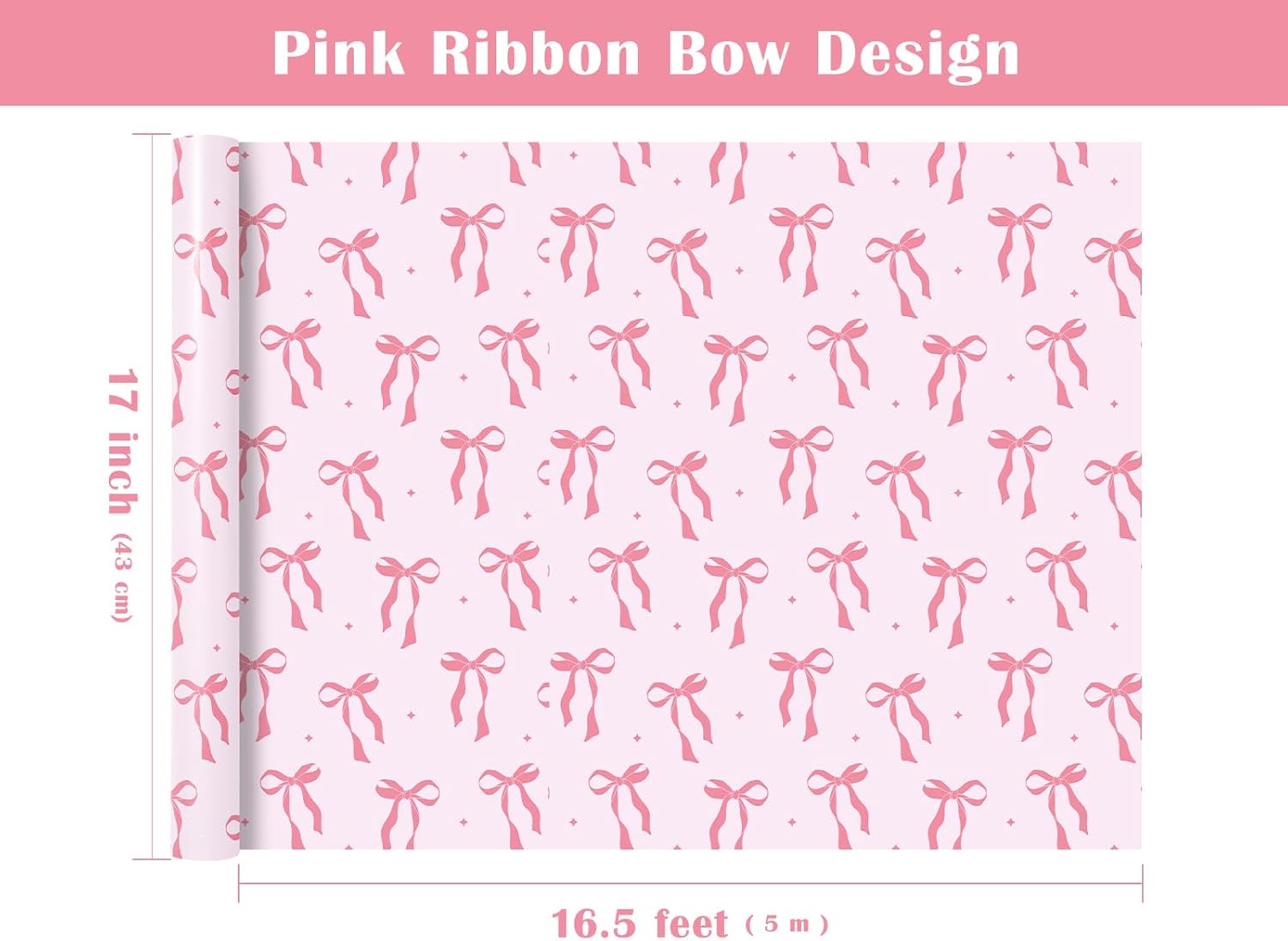 Detalle de RUSPEPA Pink Bow Wrapping Paper Roll – Mini Roll (43.2cm x 5m) with Pink Ribbon Bow Design