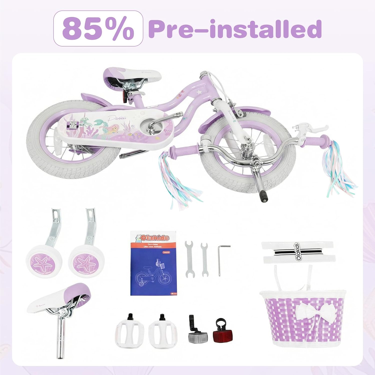 Detalle de Olakids Mermaid Theme Kids Bike — 12–20 Inch Bicycle with Training Wheels, Basket, Adjustable Seat and Handlebar