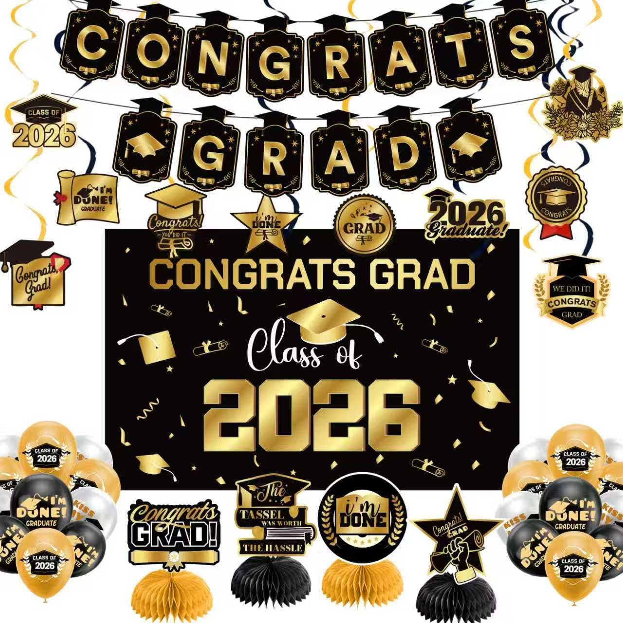 Detalle de Graduation Decorations 2026 Gold Themed Set (Congrats Grad Banner, Backdrop, Balloons & Streamers) — Complete Party Supplies for Class of 2026