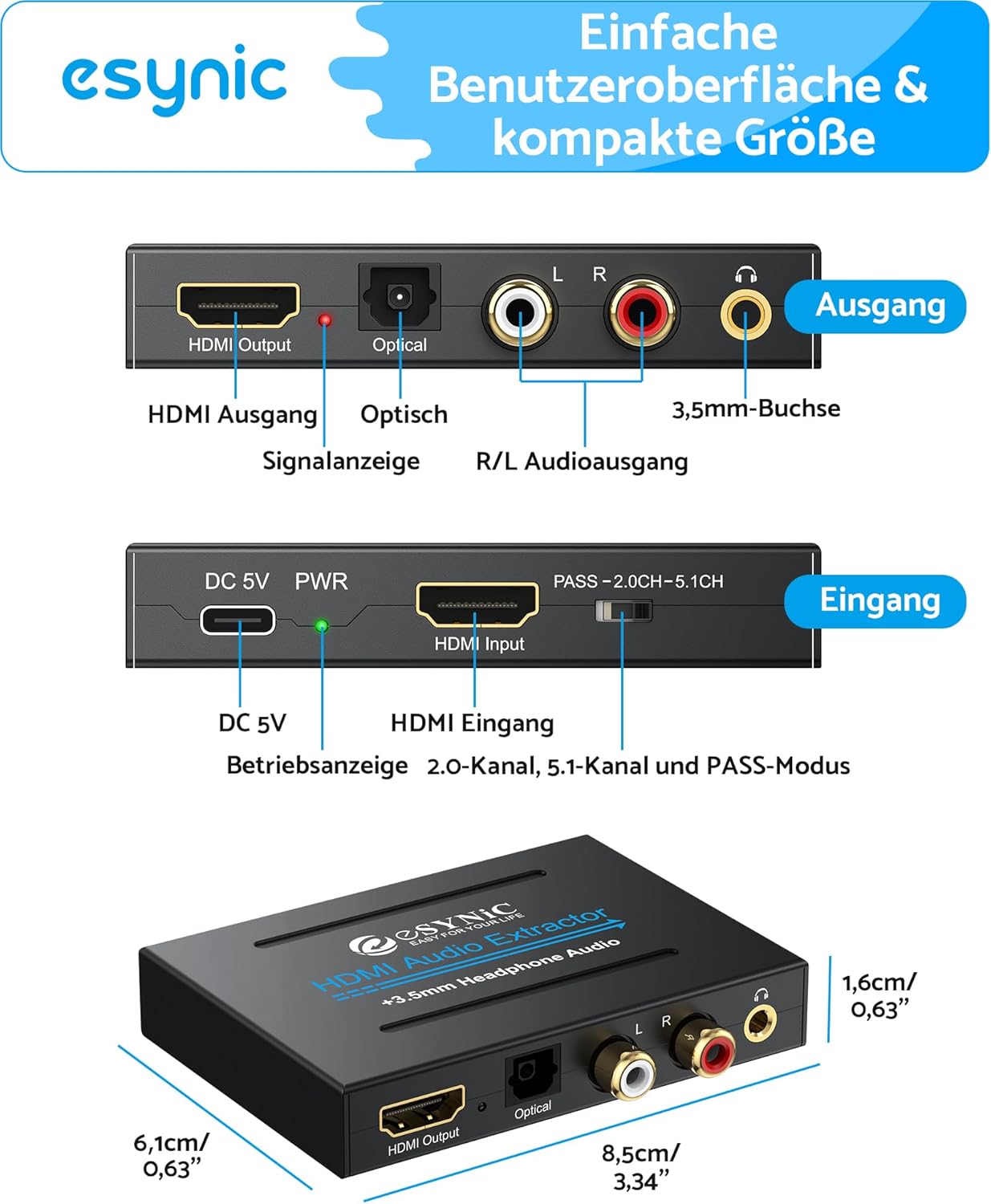 Thumbnail 1 de eSynic Professioneller HDMI-Audio-Extraktor: 4K-HDMI-Adapter mit SPDIF, L/R und 3,5-mm-Ausgang