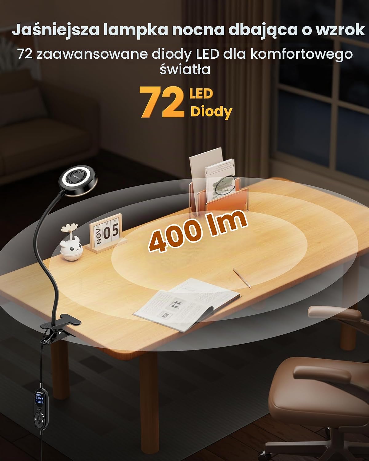 Detalle 2 de Glocusent A31 lampka do czytania na klips 72 LED, 3 barwy i 5 poziomów jasności