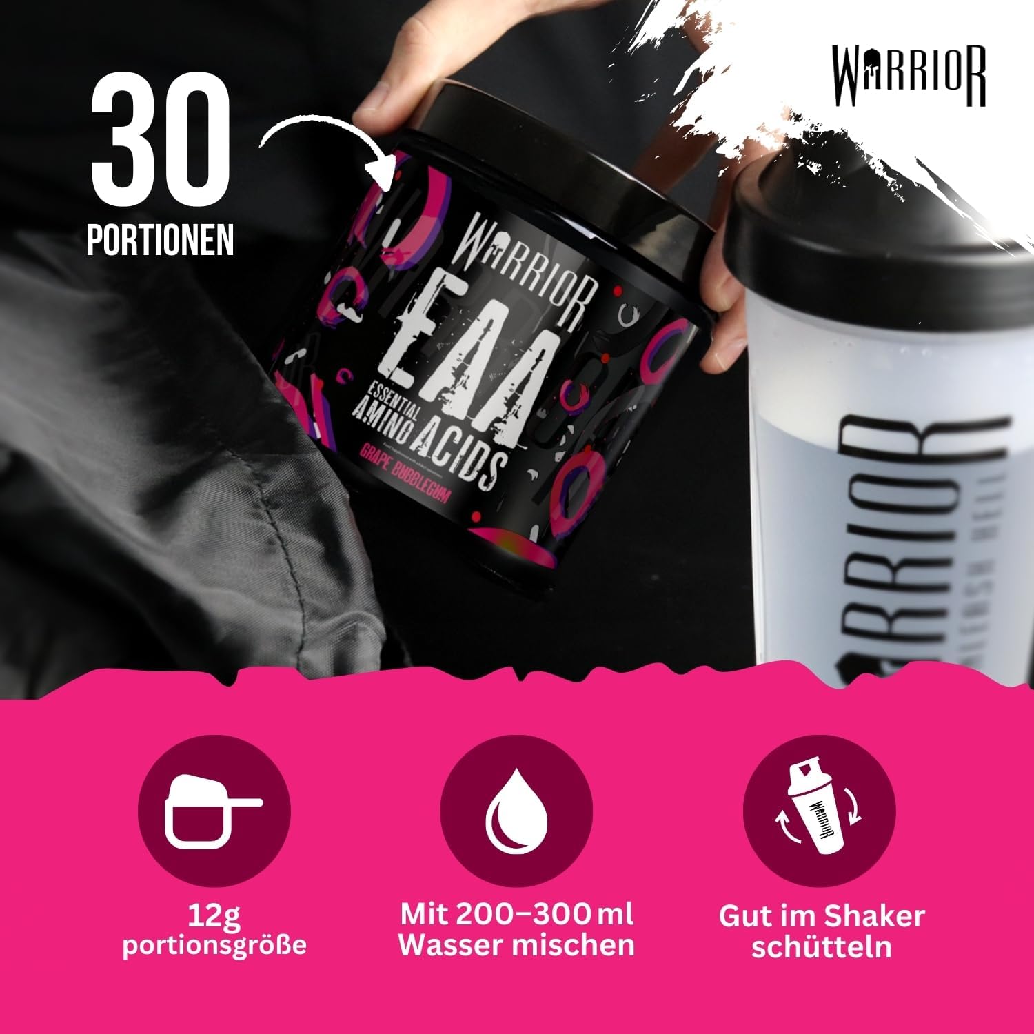 Thumbnail 4 de Warrior EAA Aminosäuren Pulver (360 g, 30 Portionen) – zuckerfrei & vegan, Trauben-Bubblegum