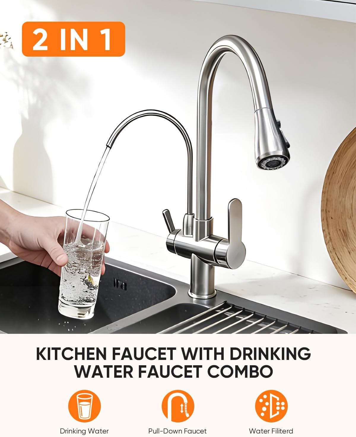 Detalle de Kitchen Faucet with Water Filter Spout — 2-in-1 Brushed Nickel Pull-Down Faucet by OWOFAN