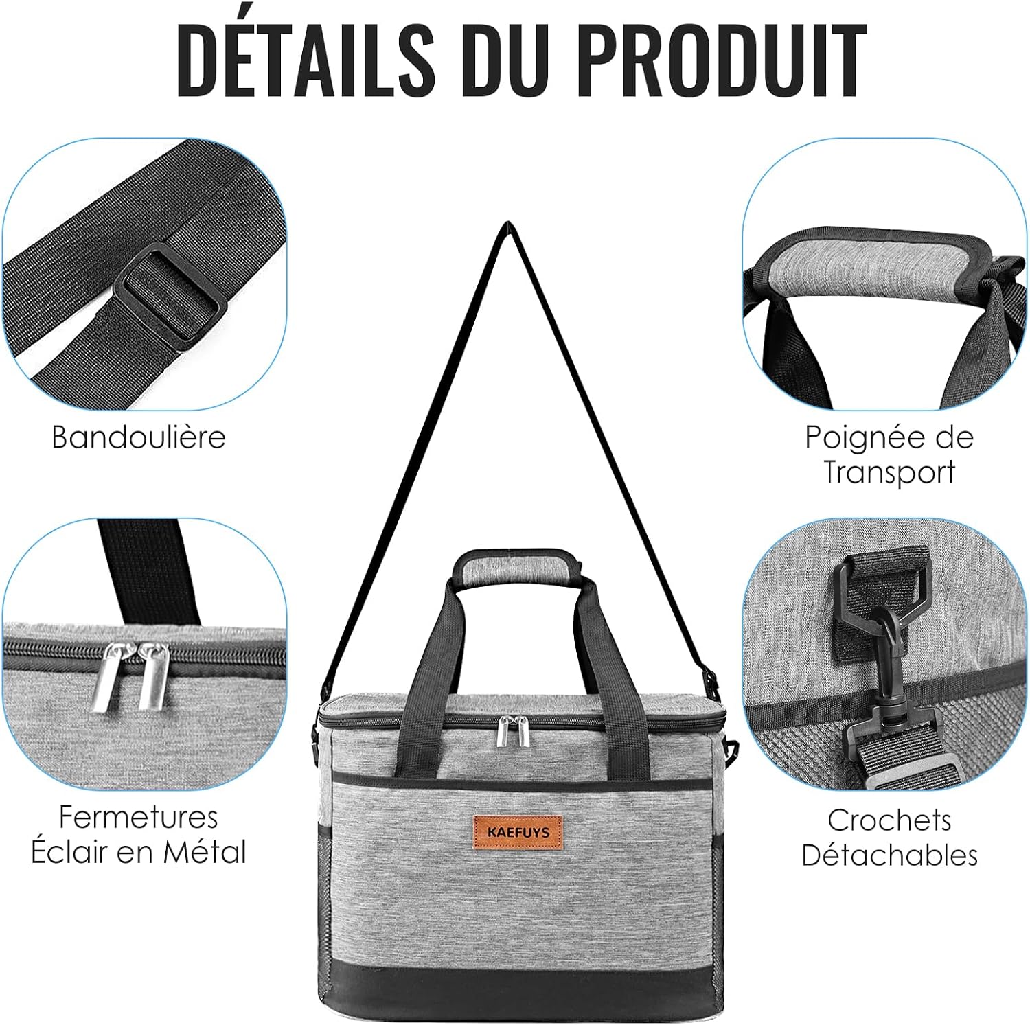 Detalle de KAEFUYS Grand Sac Isotherme Repas 33 L – Sac réfrigéré pratique et étanche pour pique-nique, camping et voyage