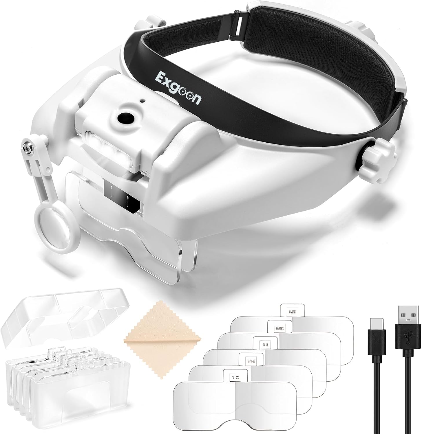 Detalle de Exgoon Lupe mit Licht – Lupenbrille mit 1- bis 14-facher Vergrößerung, 6 abnehmbaren Linsen und USB-Ladeband (Schwarz)