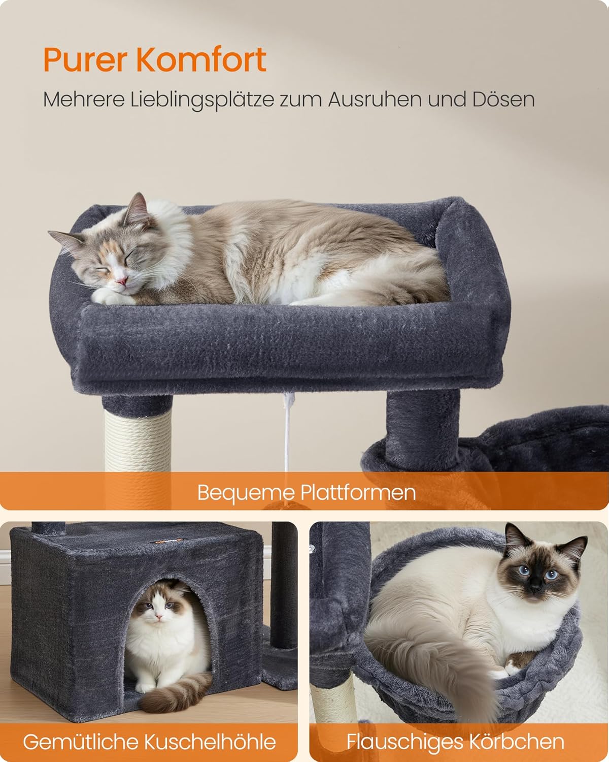 Detalle de Feandrea Kratzbaum – Katzenbaum mit Kratzsäulen, Rampe und Höhle (85,8 cm, dunkelgrau)