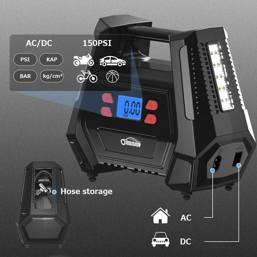 Detalle de Oasser Tyre Inflator Air Compressor 150 PSI (12V car/240V mains) with LED light and 5 nozzle adaptors
