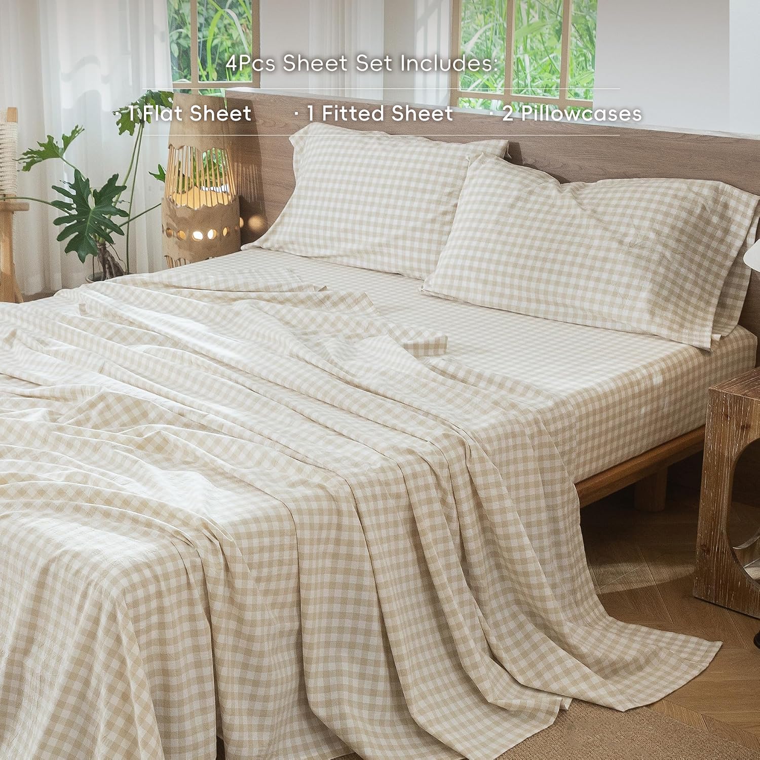 Detalle de MOOMEE MooMee Gingham Sheet Set (Queen) — 100% Washed Cotton, Linen-Like Texture, Deep 16–19" Pocket
