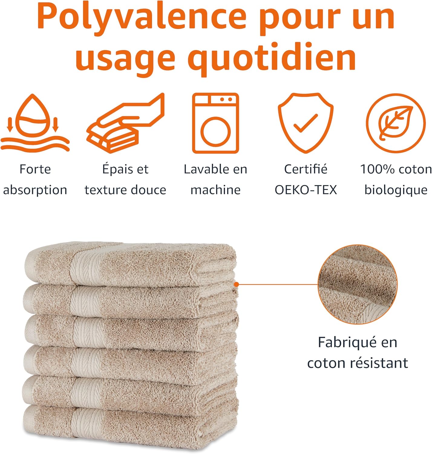 Detalle de Amazon Basics Lot de 6 Serviettes de Toilette en coton biologique – Taupe, 41 x 66 cm