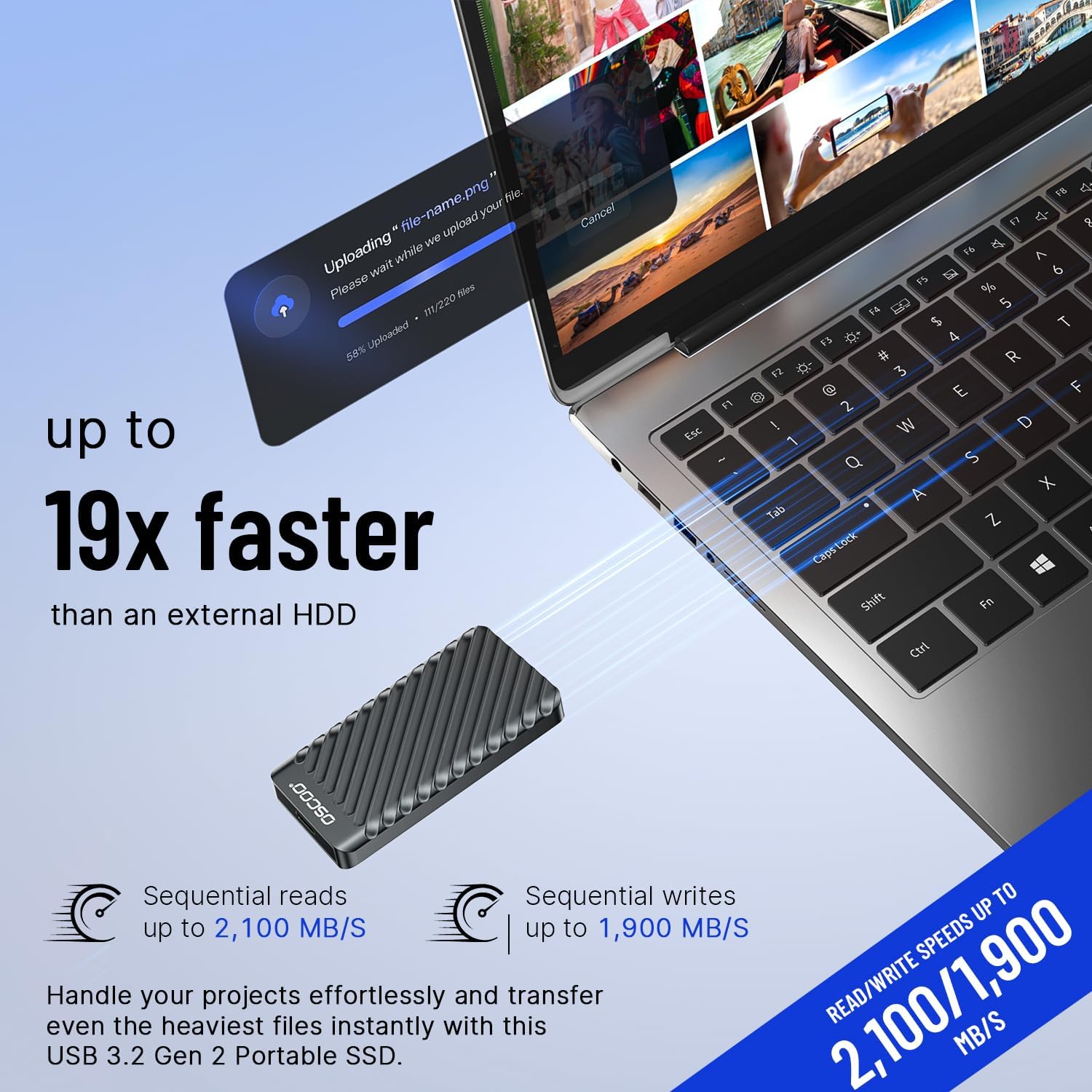 Thumbnail 2 de 2TB Portable NVMe SSD: Up to 2100MB/s USB 3.2 Gen 2 External Drive for Creators