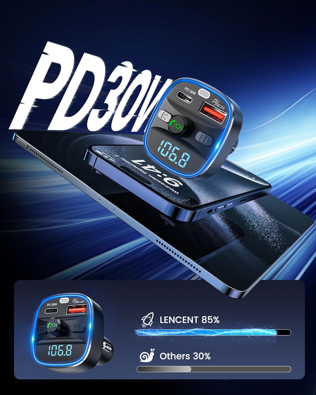 Thumbnail 4 de LENCENT Transmisor FM Bluetooth 5.4 coche 48W PD 30W & 18W Luz 7 colores