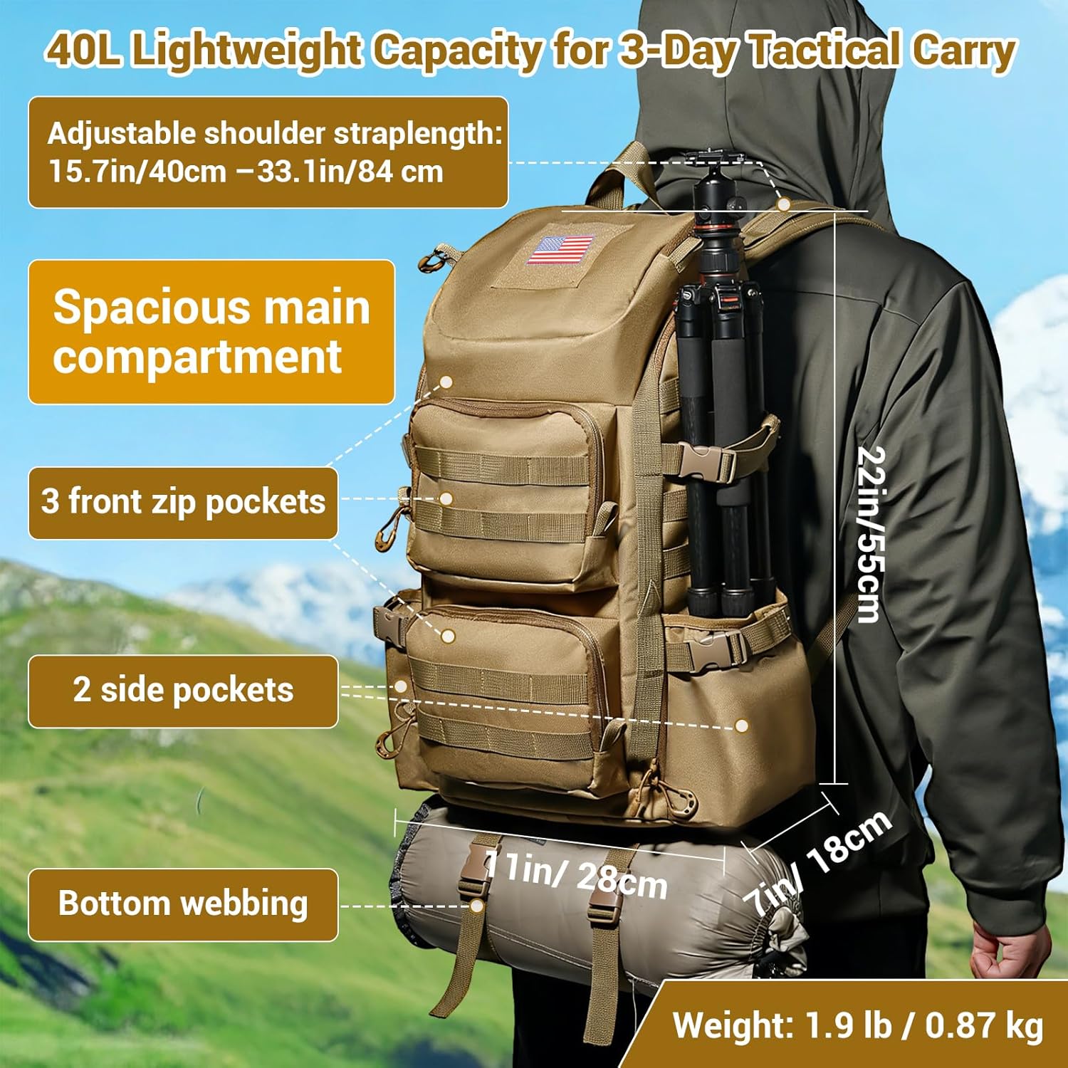 Detalle de Kokkoya Lightweight Tactical Backpack with 17-Inch Laptop Compartment, 40L
