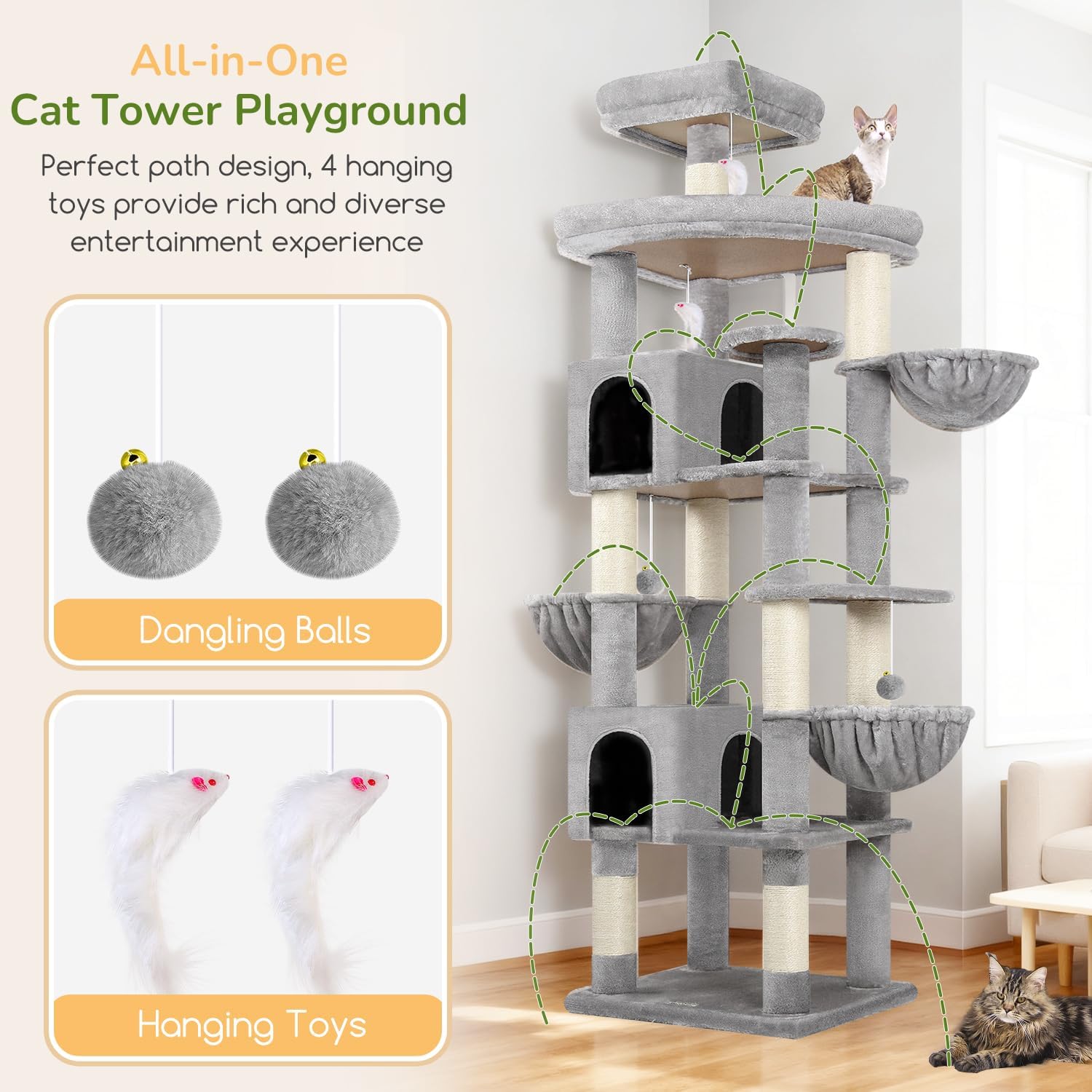 Thumbnail 4 de Globlazer Kratzbaum Groß XXL S82 (209 cm) mit 2 Katzenhäusern, 3 Körben & 8 Sisal-Kratzsäulen – hellgrau