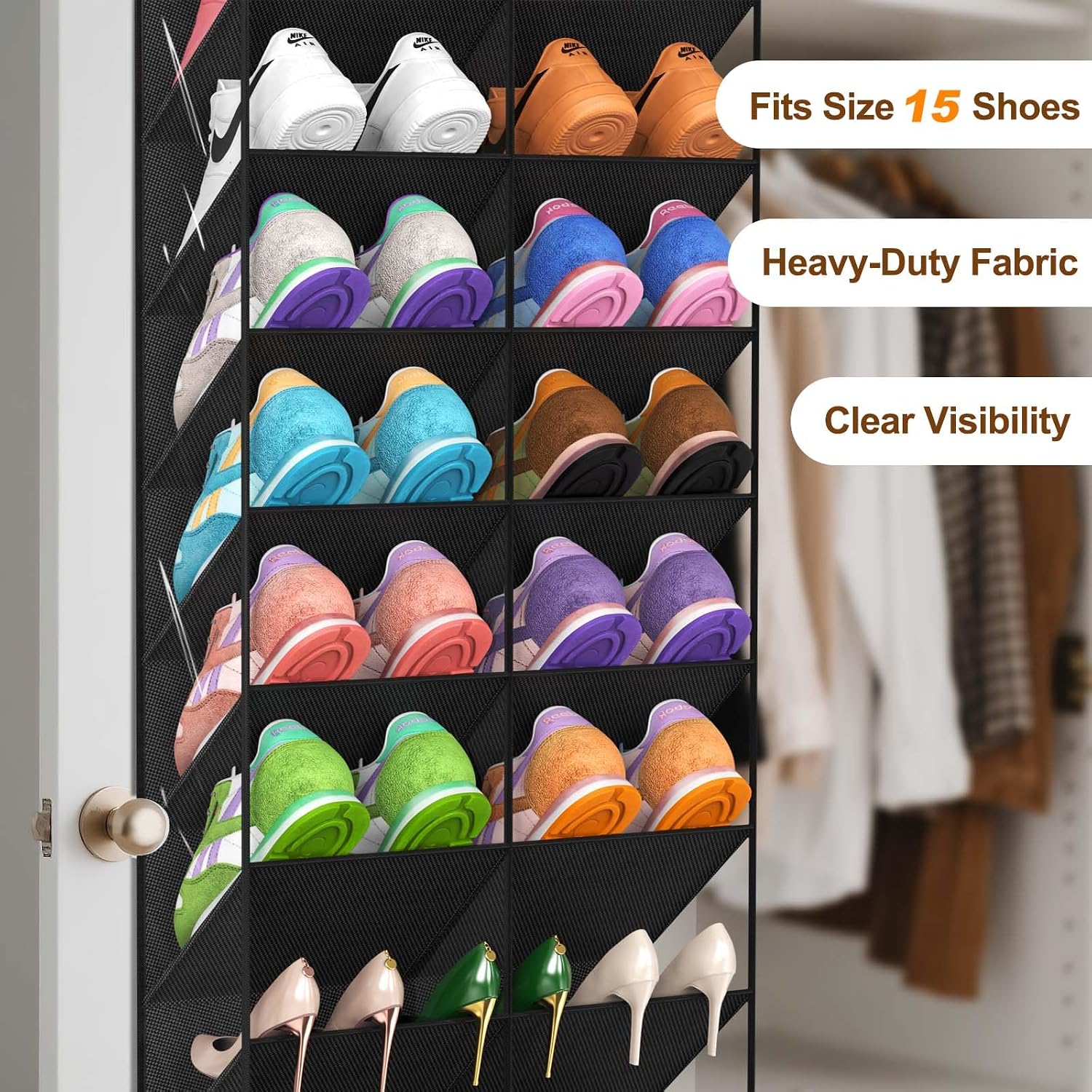 Detalle 2 de UVIAHOMI UVOTDSOB Over-the-Door Shoe Organizer, 10 Tiers, Clear Pockets