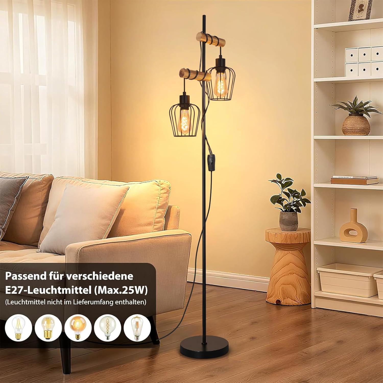 Thumbnail 6 de ZMH Stehlampe Wohnzimmer – Holz, Schwarz, Vintage-Industrial, 2-flammig, 151 cm