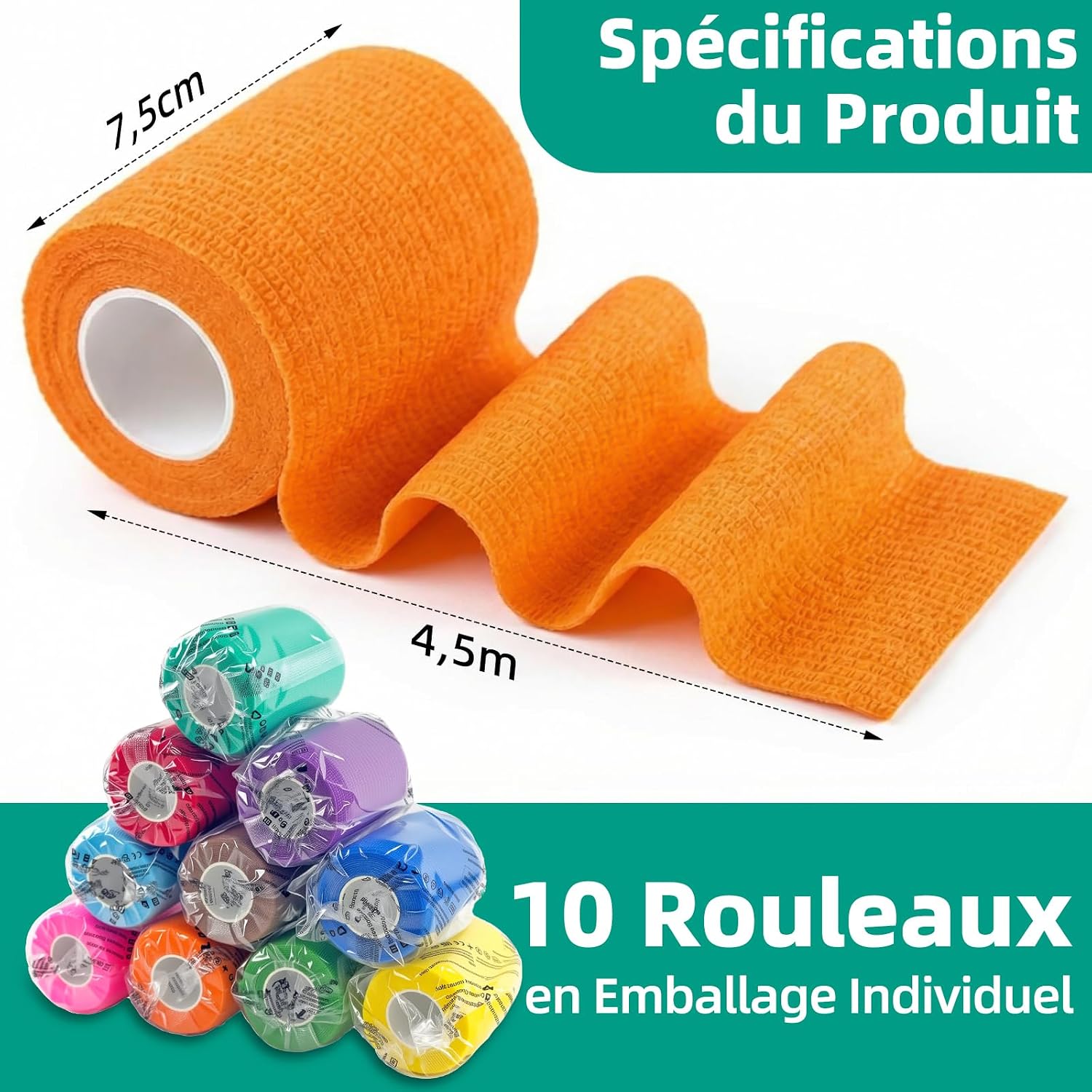 Detalle de HONYAO Bandage Autoadhésif 10 Rouleaux – Bande Cohesive 7,5 cm x 4,5 m