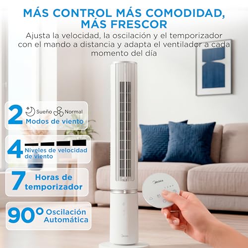 Detalle 2 de Ventilador Torre Midea con Mando y Aromaterapia: 4 Velocidades, Oscilación 90° y Sleep