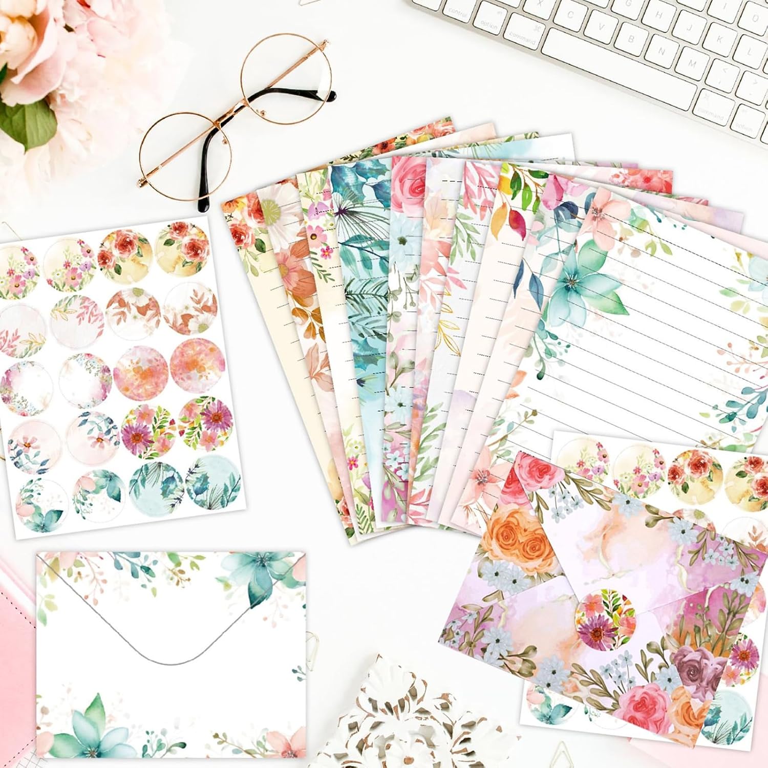 Detalle de DxJ 65-Piece Floral Stationery Set with 30 Sheets, 15 Envelopes and Stickers