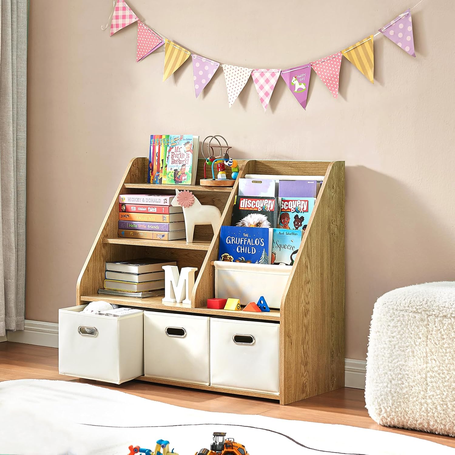 Detalle de EFURDEN EDKB01 Montessori-kinderboekenkast met 4 planken, 3 laden en 4 stoffen vakken
