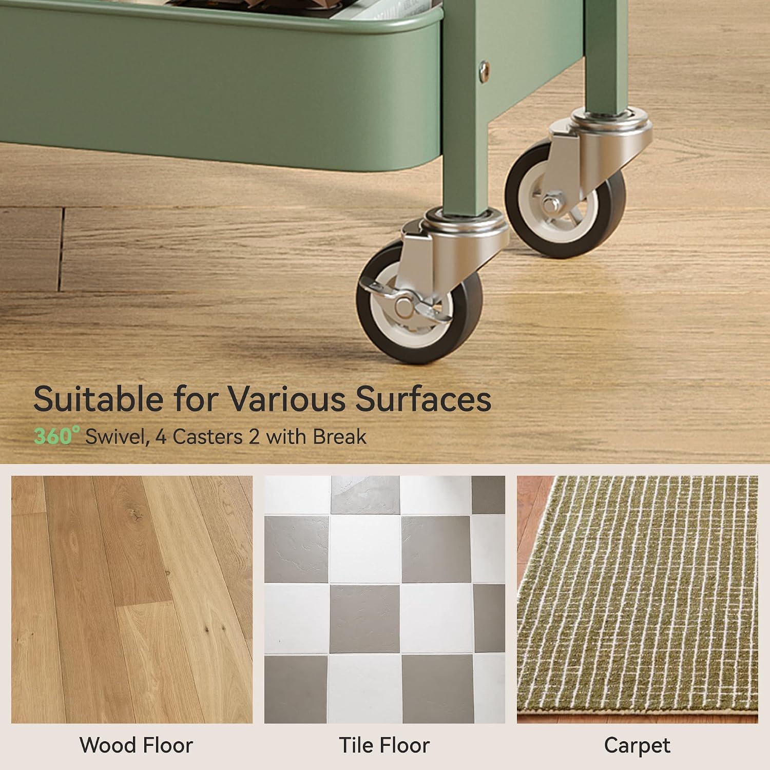 Detalle 1 de Nunsino Rolling Cart 3-Tier Metal Utility Cart with Locking Wheels, Green
